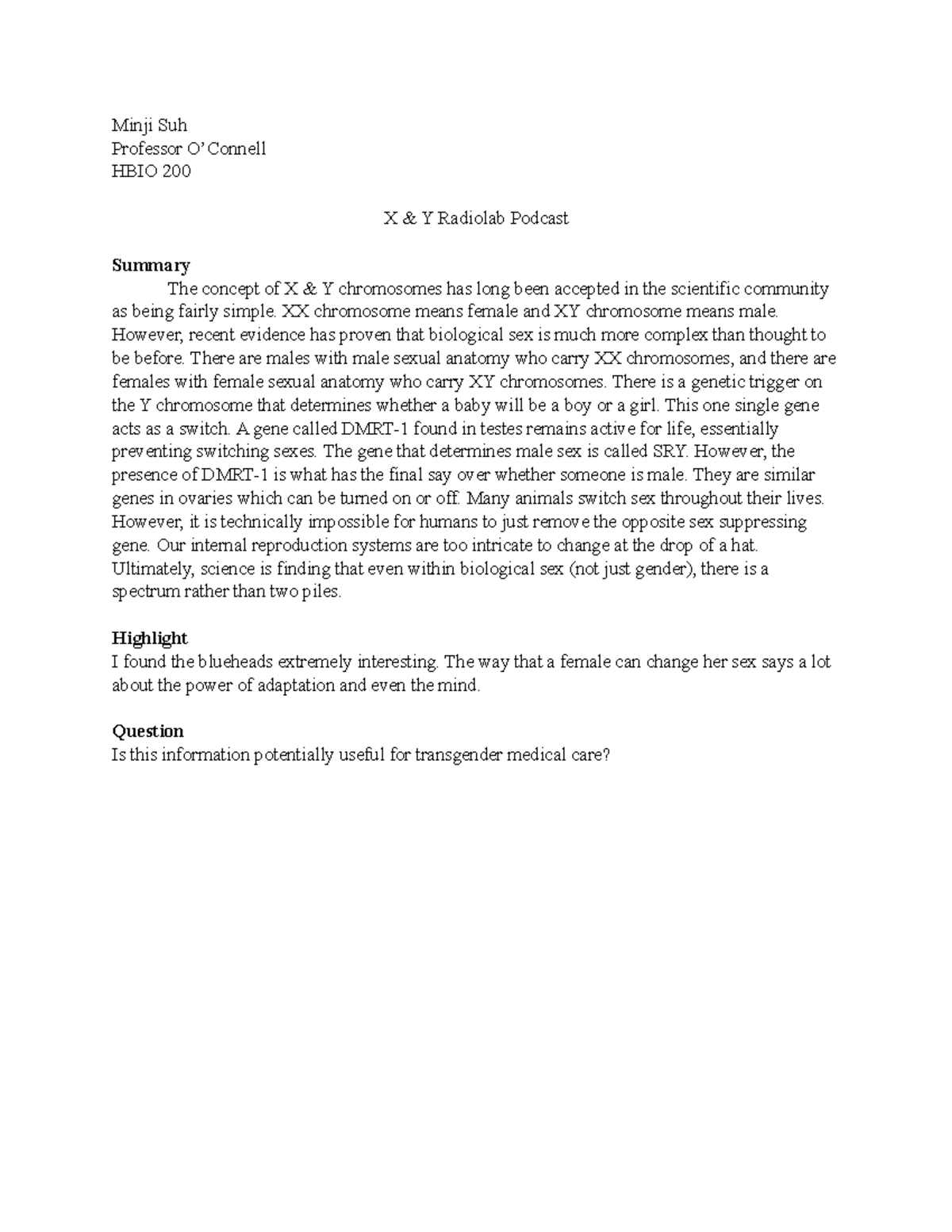 X Y Radiolab Podcast PDF Minji Suh Professor O’Connell HBIO 200 X & Y