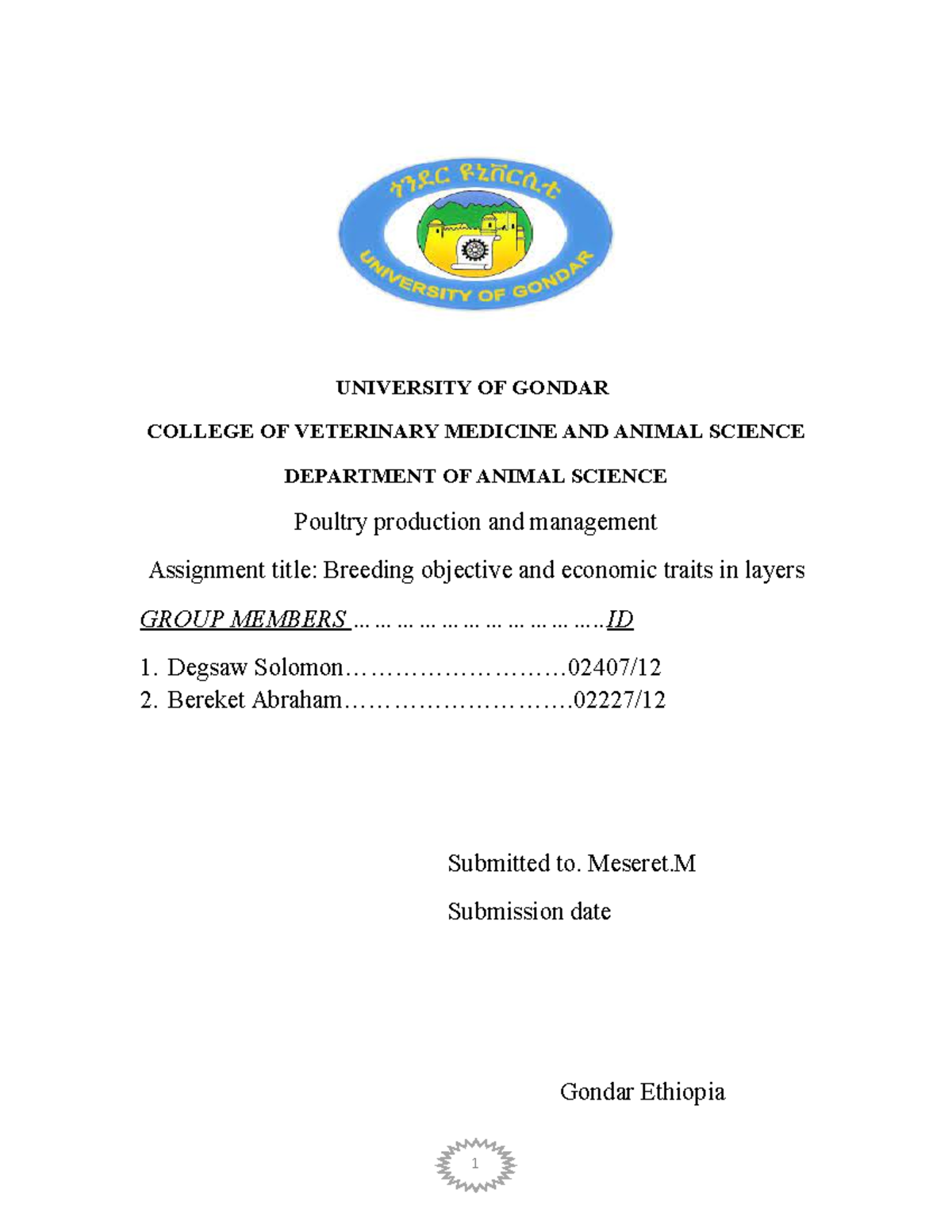 Breeding objective and economic traits of layer - UNIVERSITY OF GONDAR ...