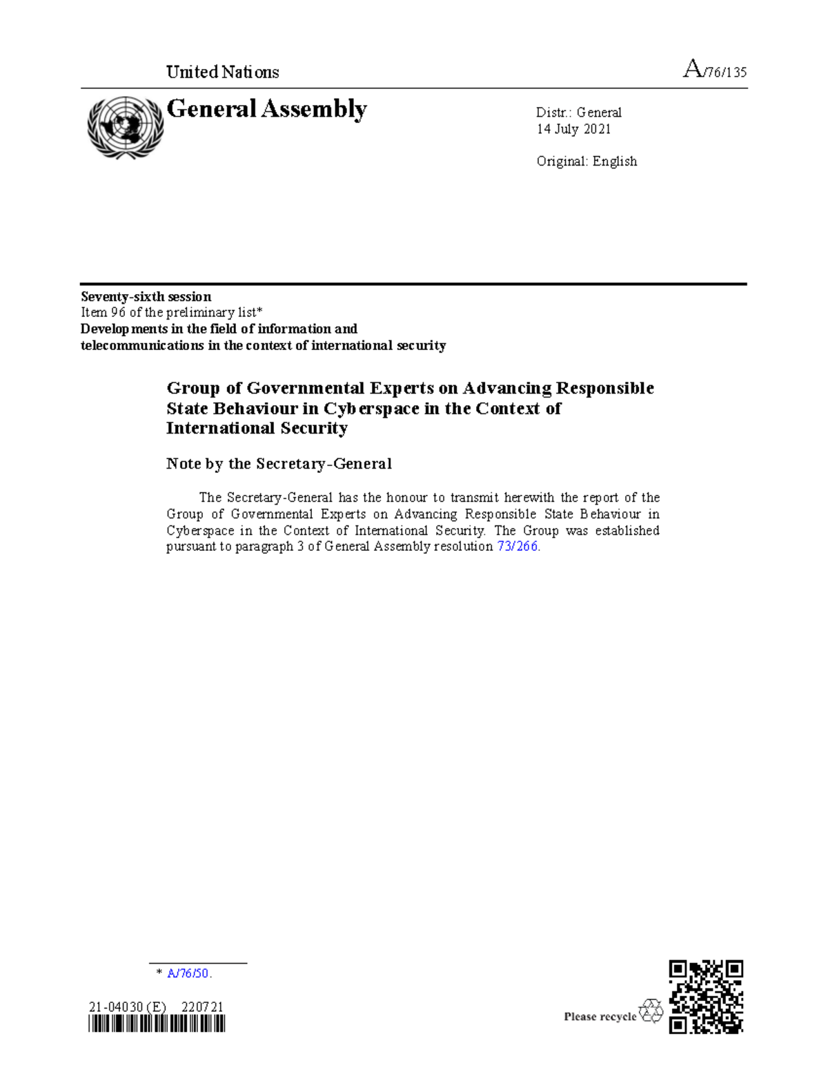 UN GGE Report 2021 - United Nations A/76/ General Assembly Distr ...