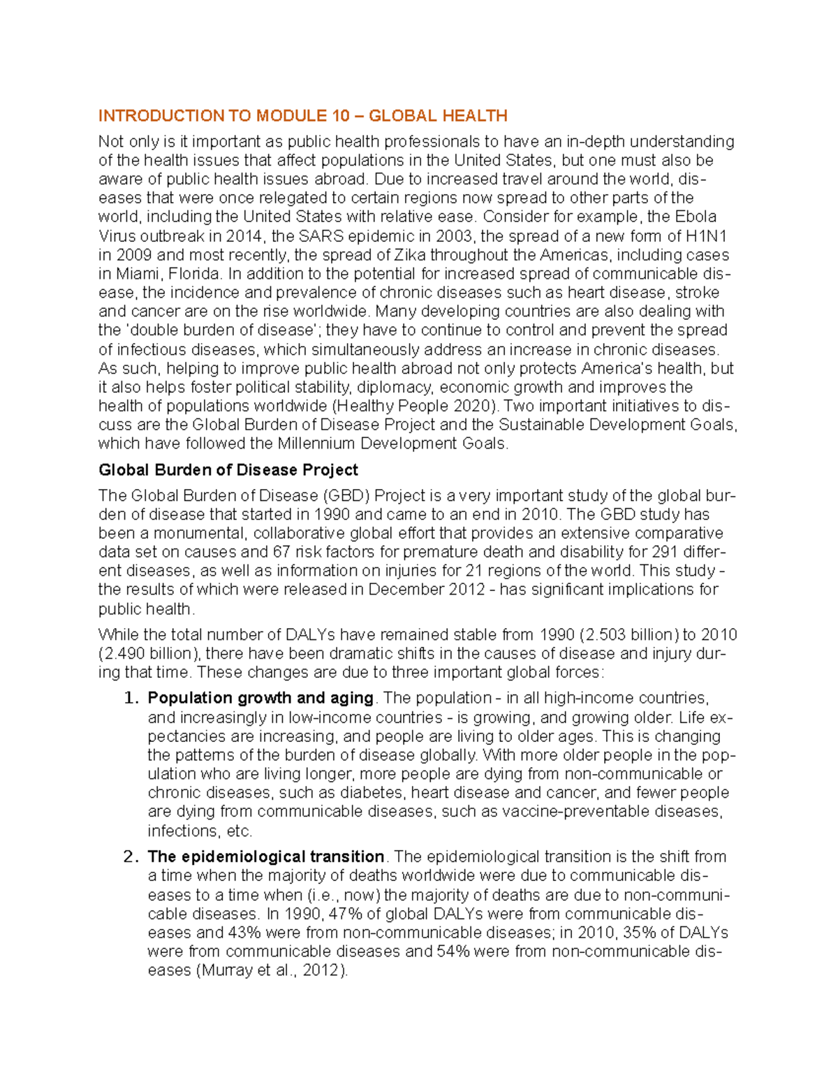 Introduction TO Module 10 - INTRODUCTION TO MODULE 10 – GLOBAL HEALTH ...