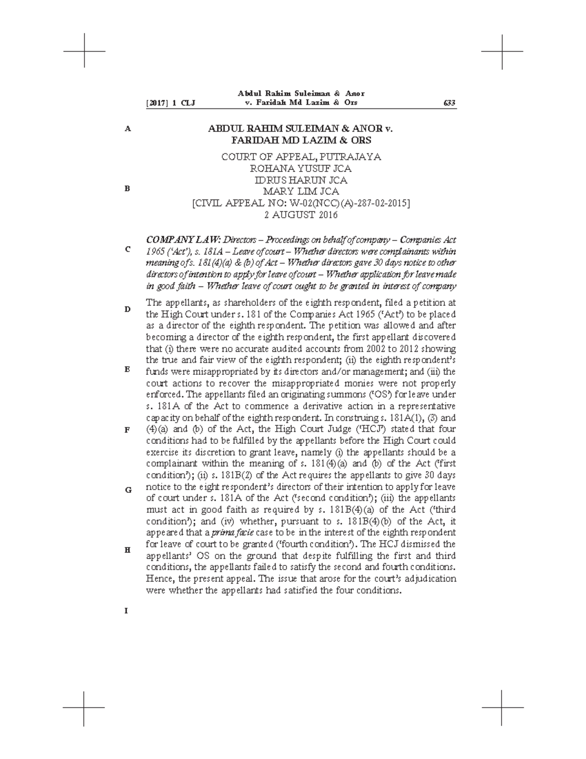 2017 case - COMPANY CASE ON DERIVATIVE - [2017] 1 CLJ 633 A B C D E F G ...