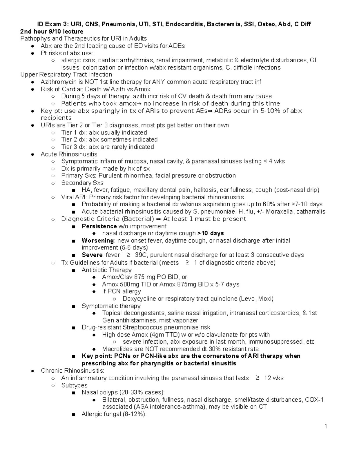 ID Exam 3: URI, CNS, Pneumonia, UTI, STI, Endocarditis, Bacteremia, SSI ...