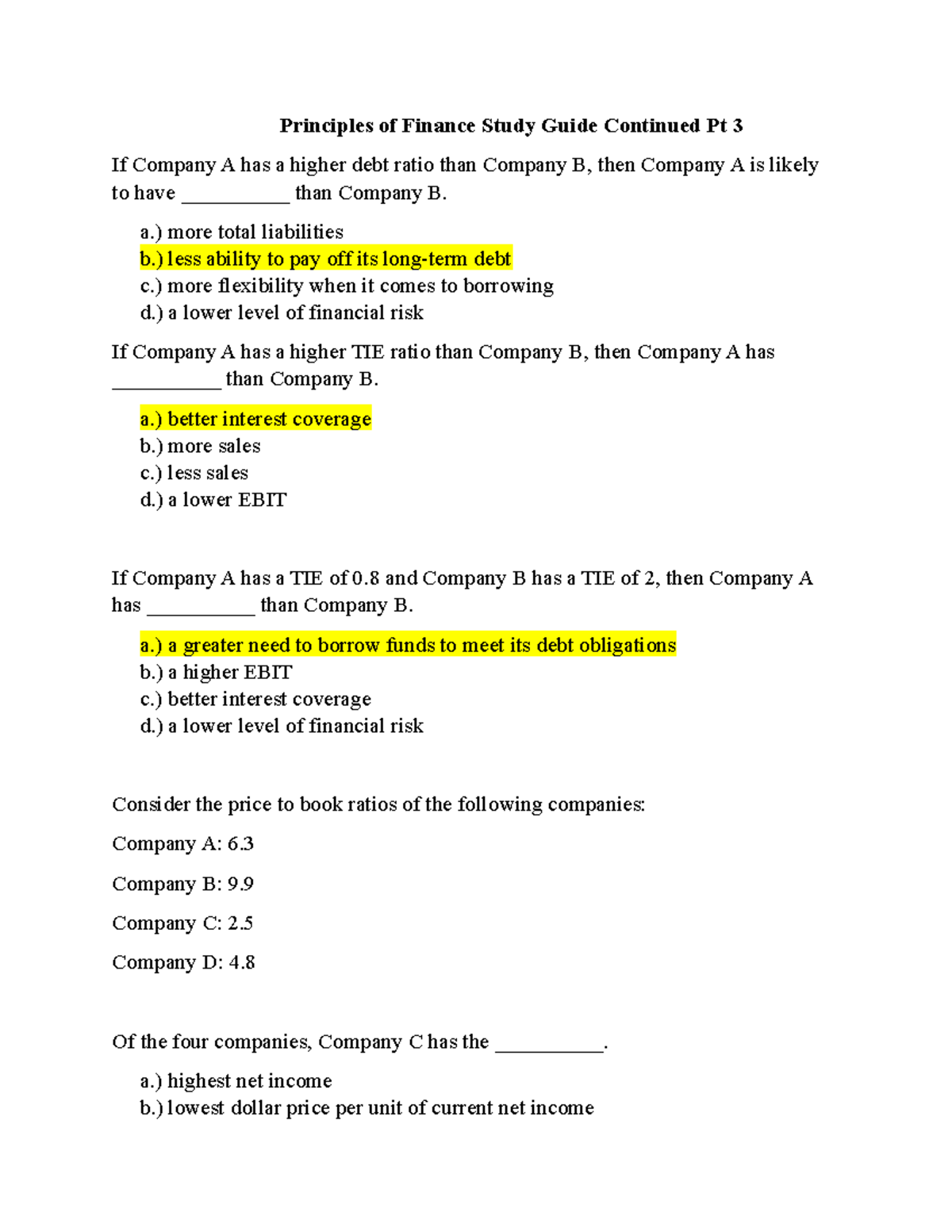 Principles Of Finance Study Guide Continued Pt 3 - A.) More Total ...