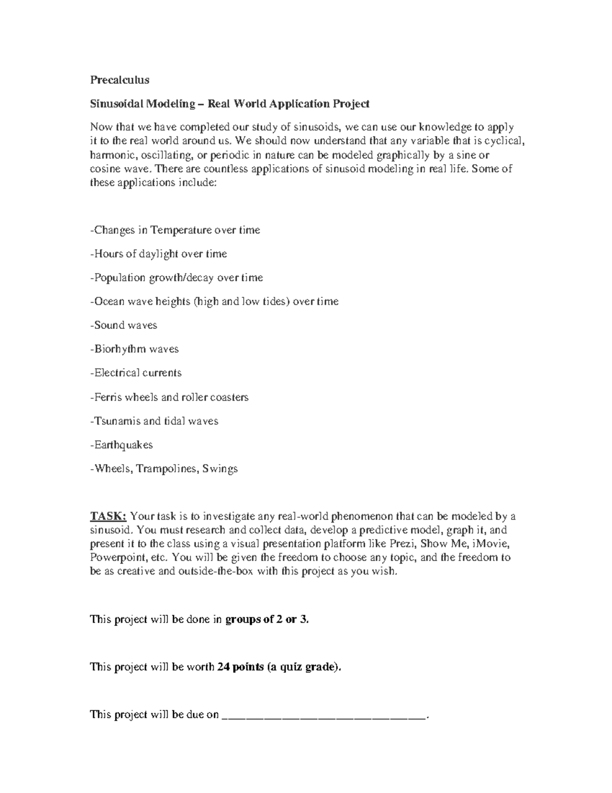 4.4 Project - Sinusoidal Modeling - Precalculus Sinusoidal Modeling ...
