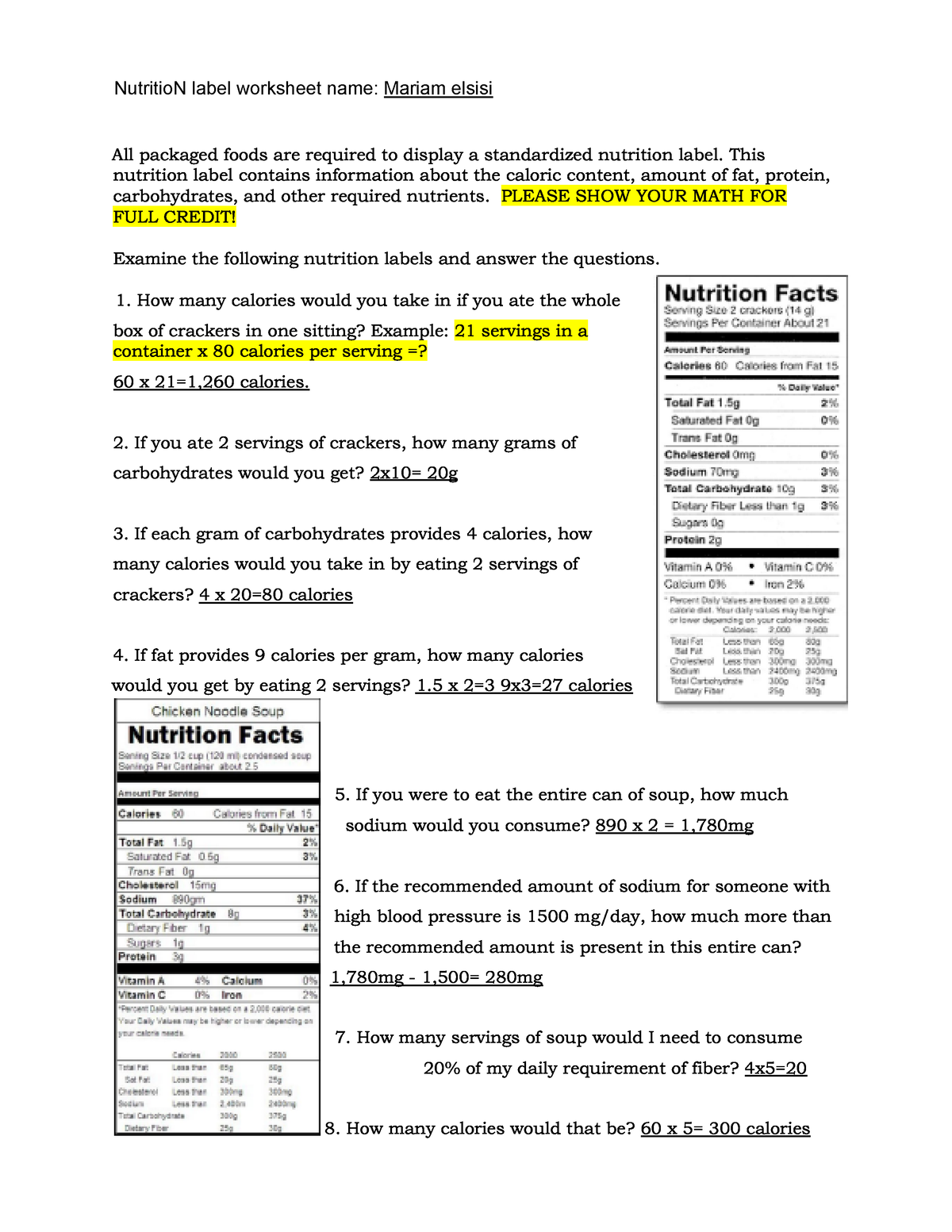 food label calculations assignment