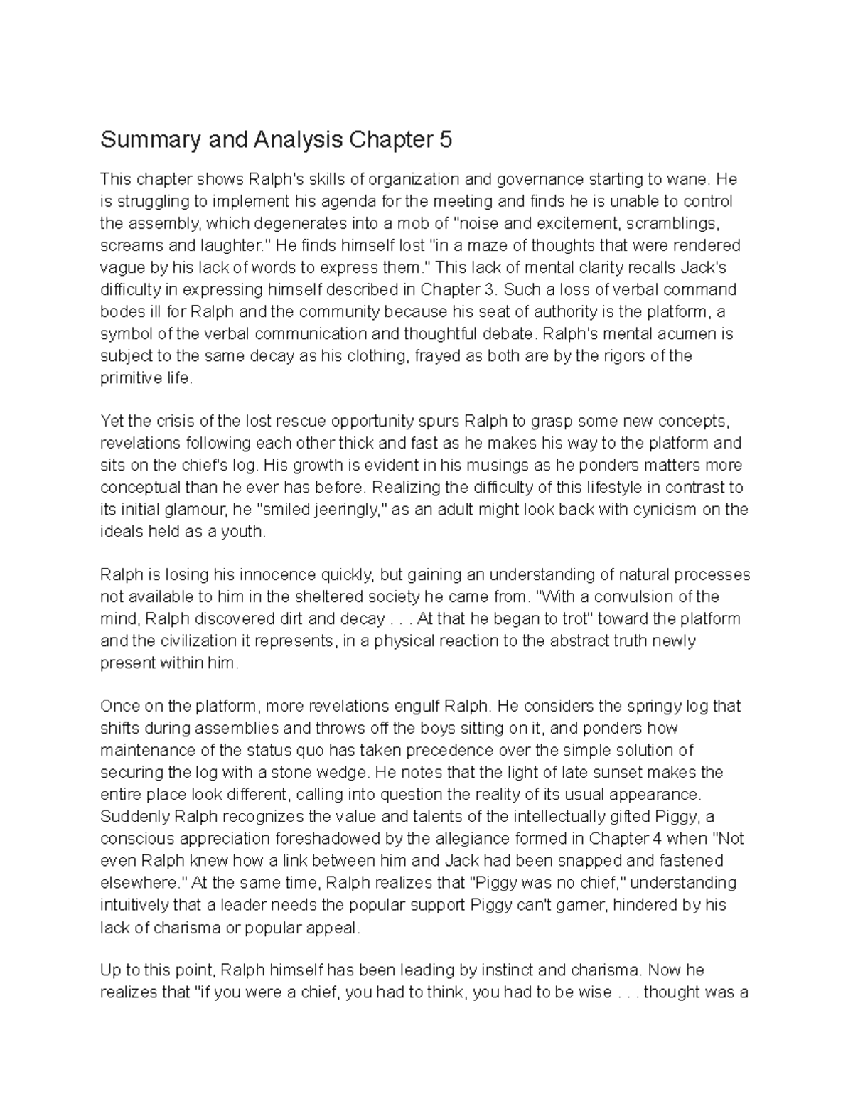 Lord of the flies 2 - Summary and Analysis Chapter 5 This chapter shows ...