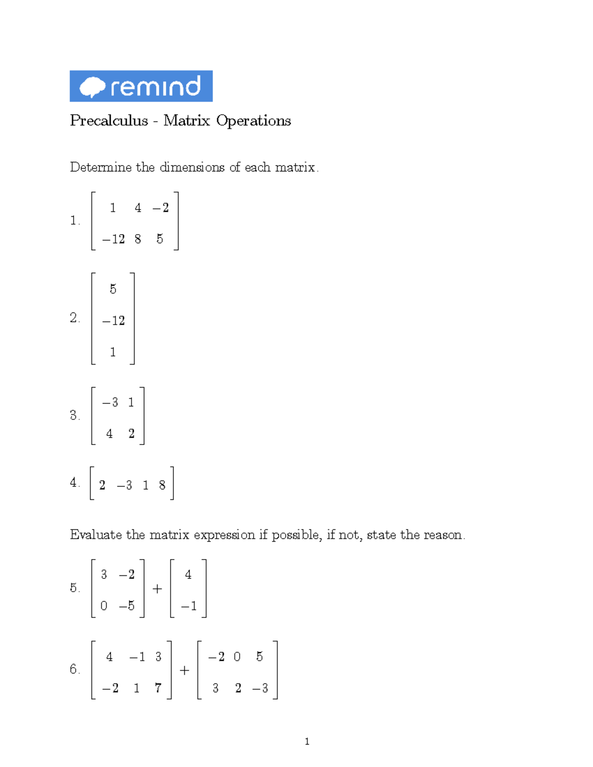 Pcalc 201 matrix operations - Precalculus - Matrix Operations Determine ...