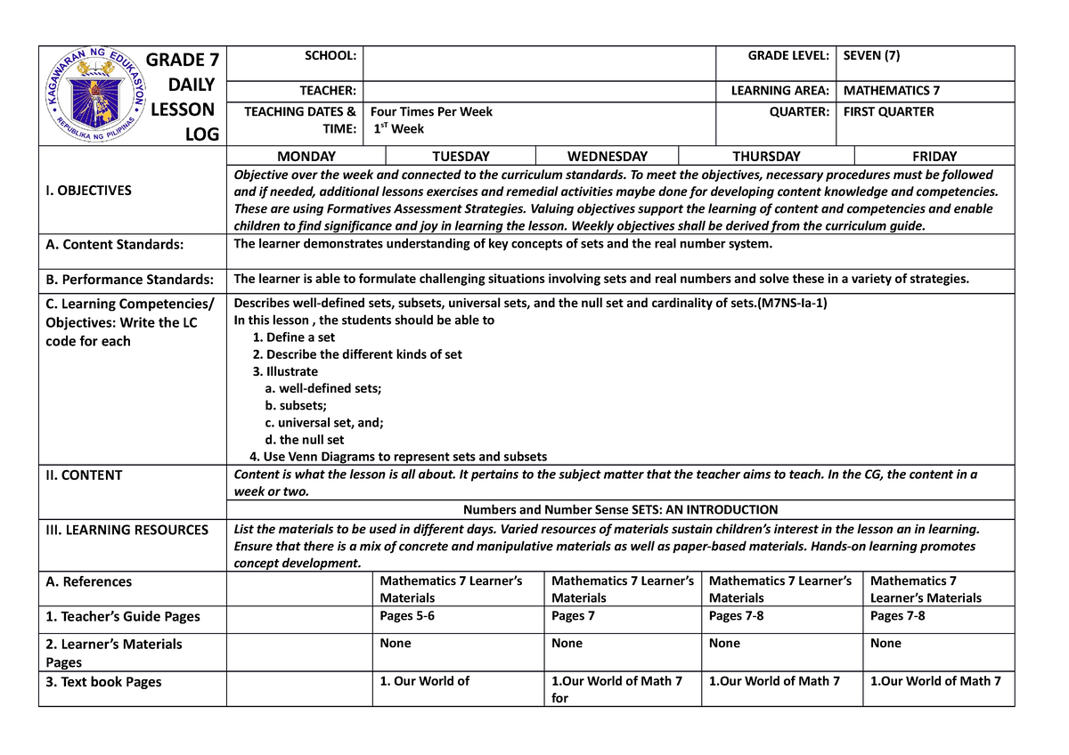 DLL MATH 7 - DLL - GRADE 7 DAILY LESSON LOG SCHOOL: GRADE LEVEL: SEVEN ...