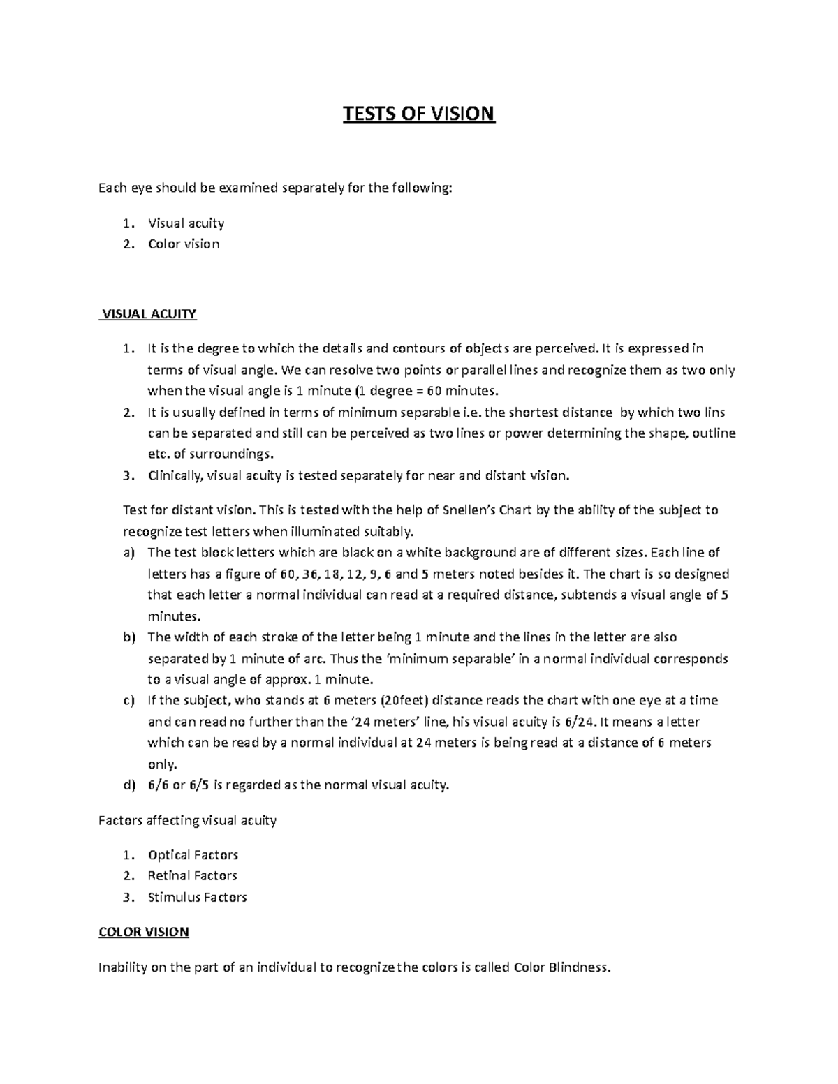 Tests of Vision lab TESTS OF VISION Each eye should be examined
