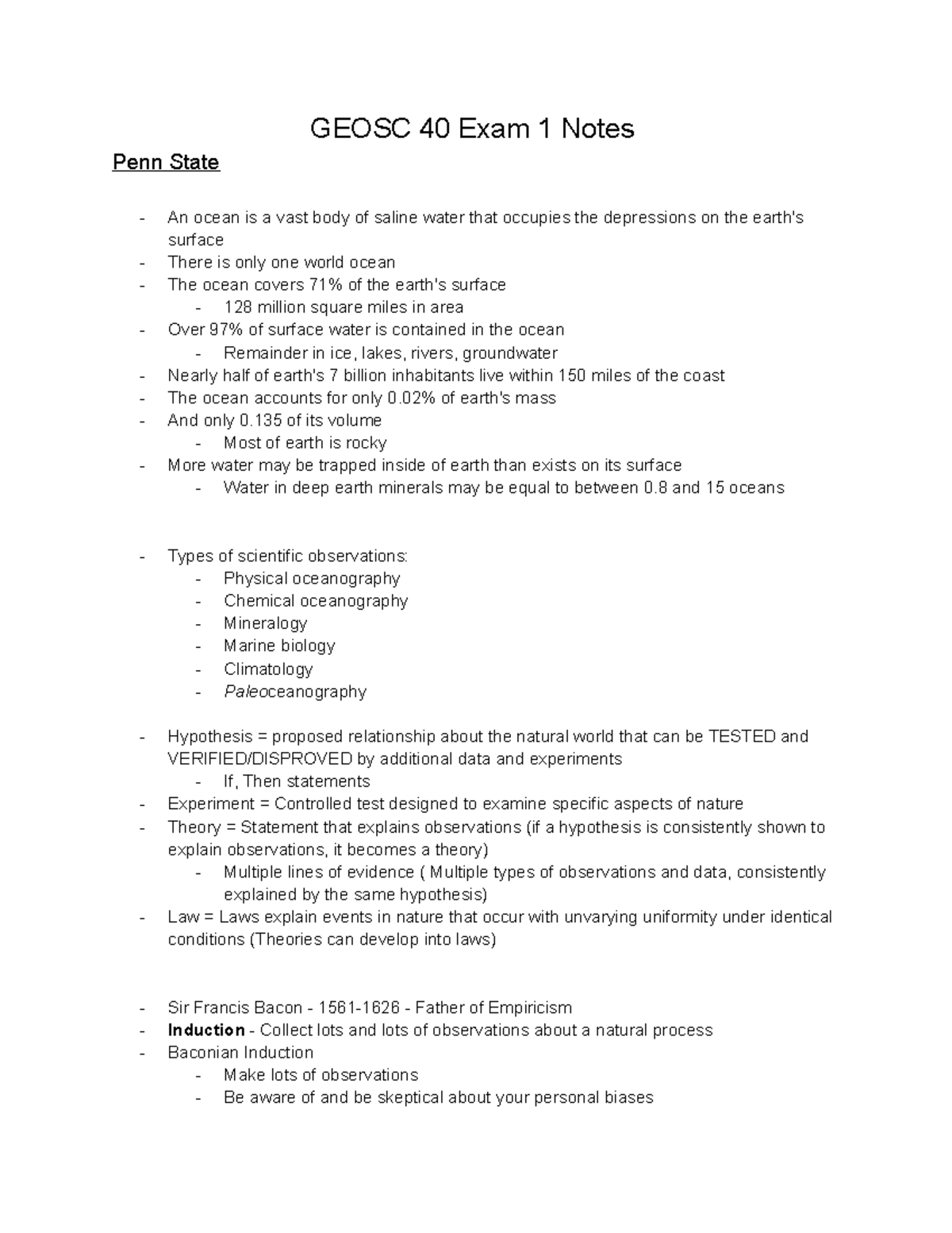 Geosc 40 Exam 1 Notes - ocean and its characteristics, including its ...