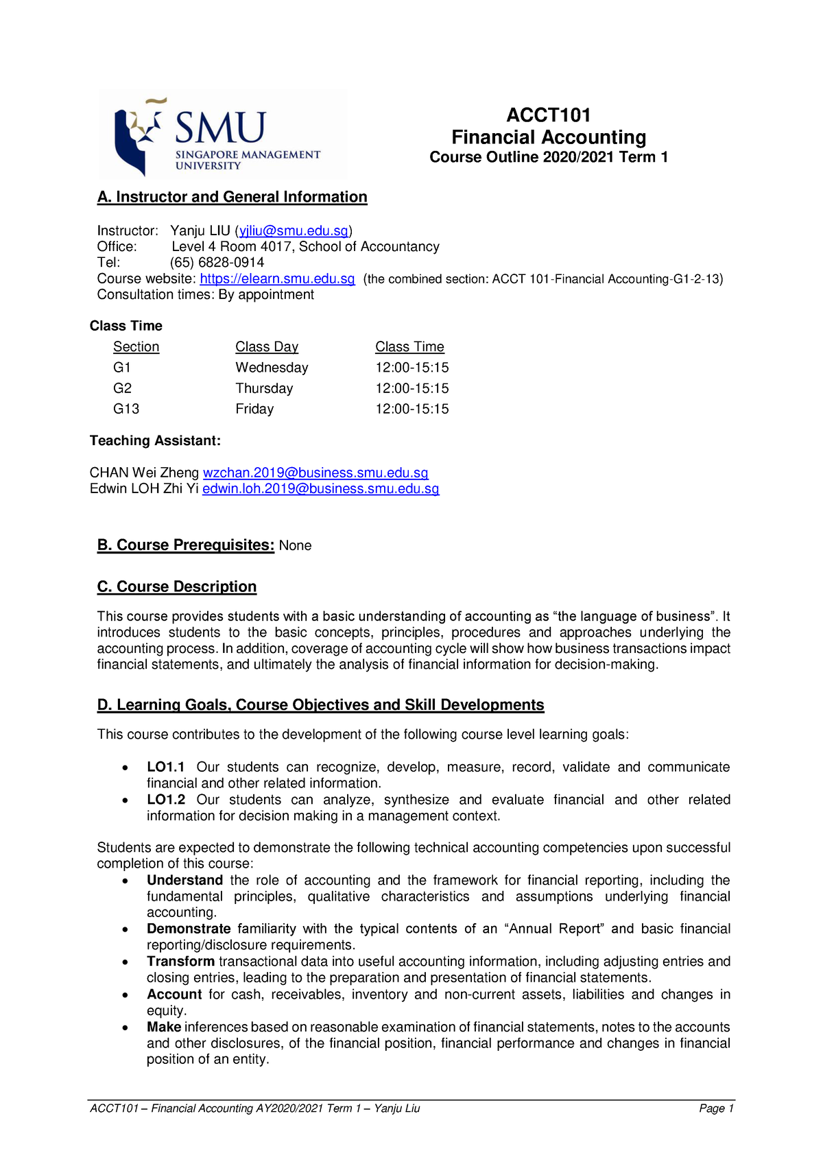 ACCT101 2020 21T1 Yjliu - ACCT Financial Accounting Course Outline 2020 ...