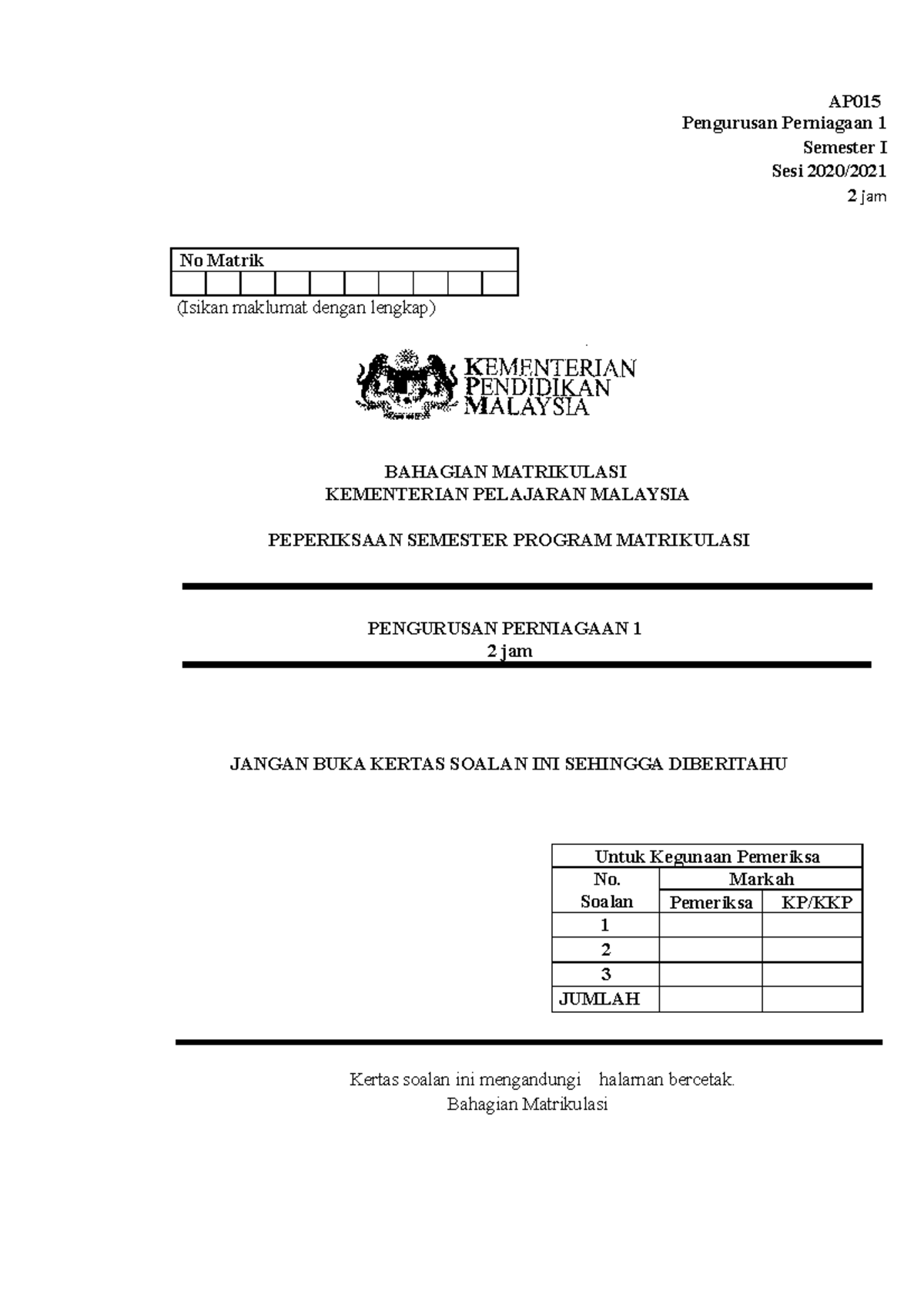 Trial PSPM AP015 1 - Soalan Percubaan PSPM - AP Pengurusan Perniagaan 1 ...