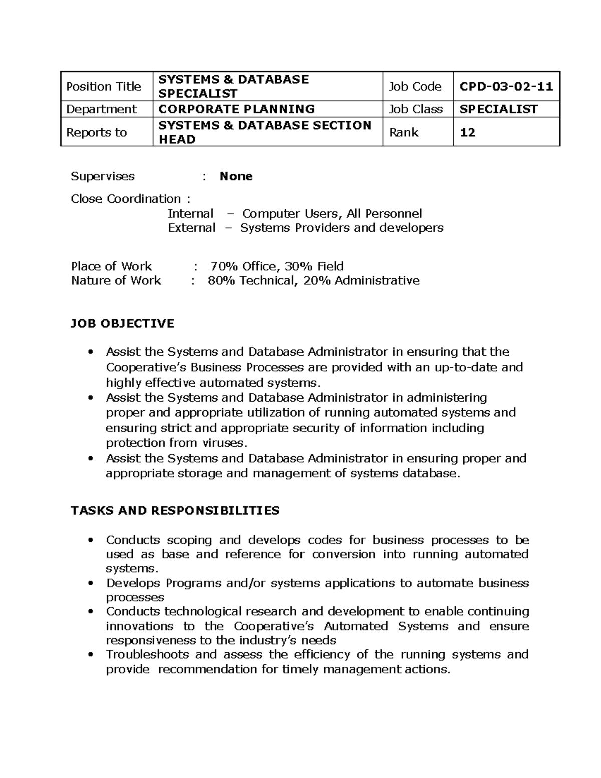 Systems & Database Specialist - Position Title SYSTEMS & DATABASE ...