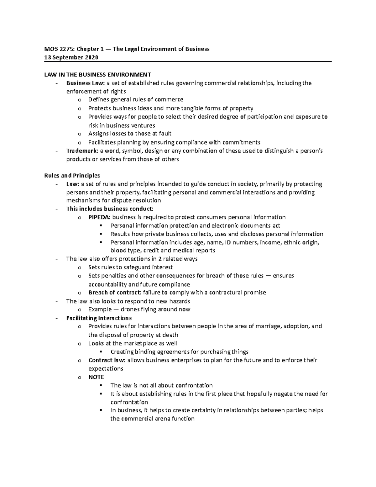 Chapter 1 - Notes - MOS 2275: Chapter 1 — The Legal Environment of ...