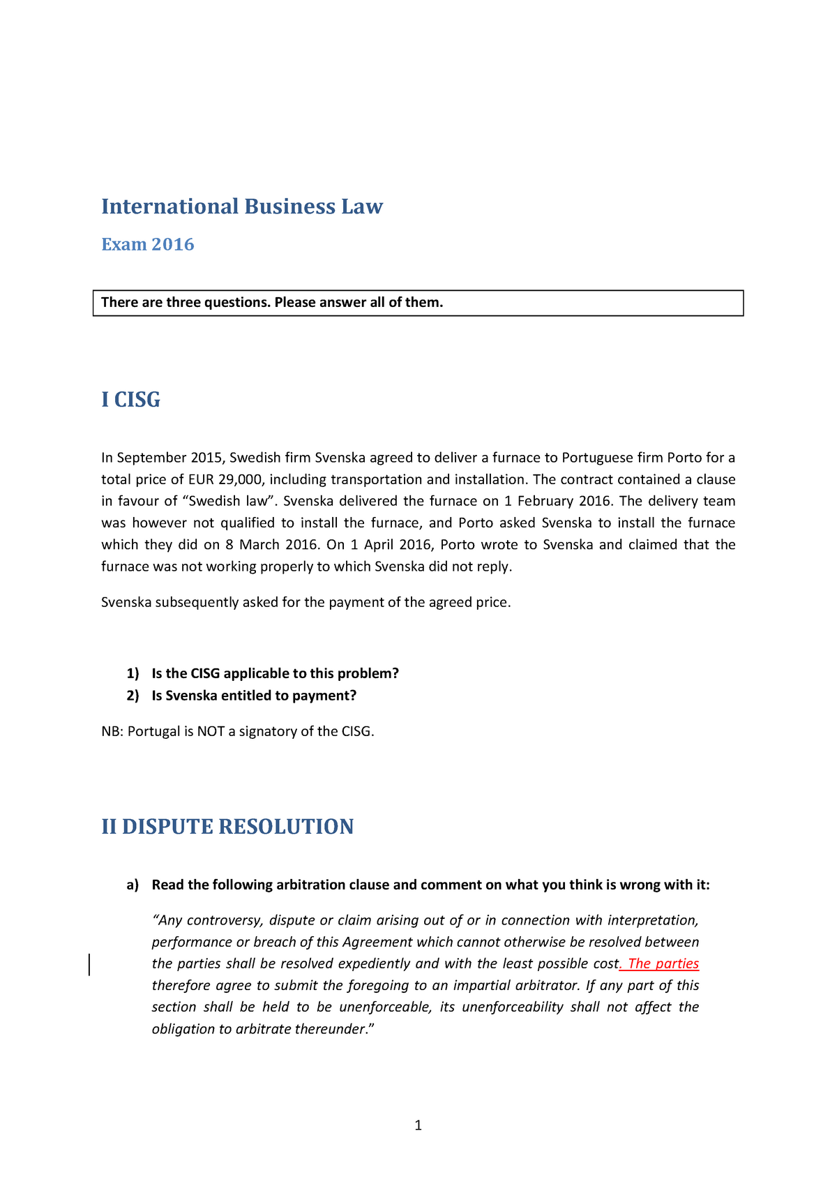 Exam 2016, Questions - International Business Law - International ...