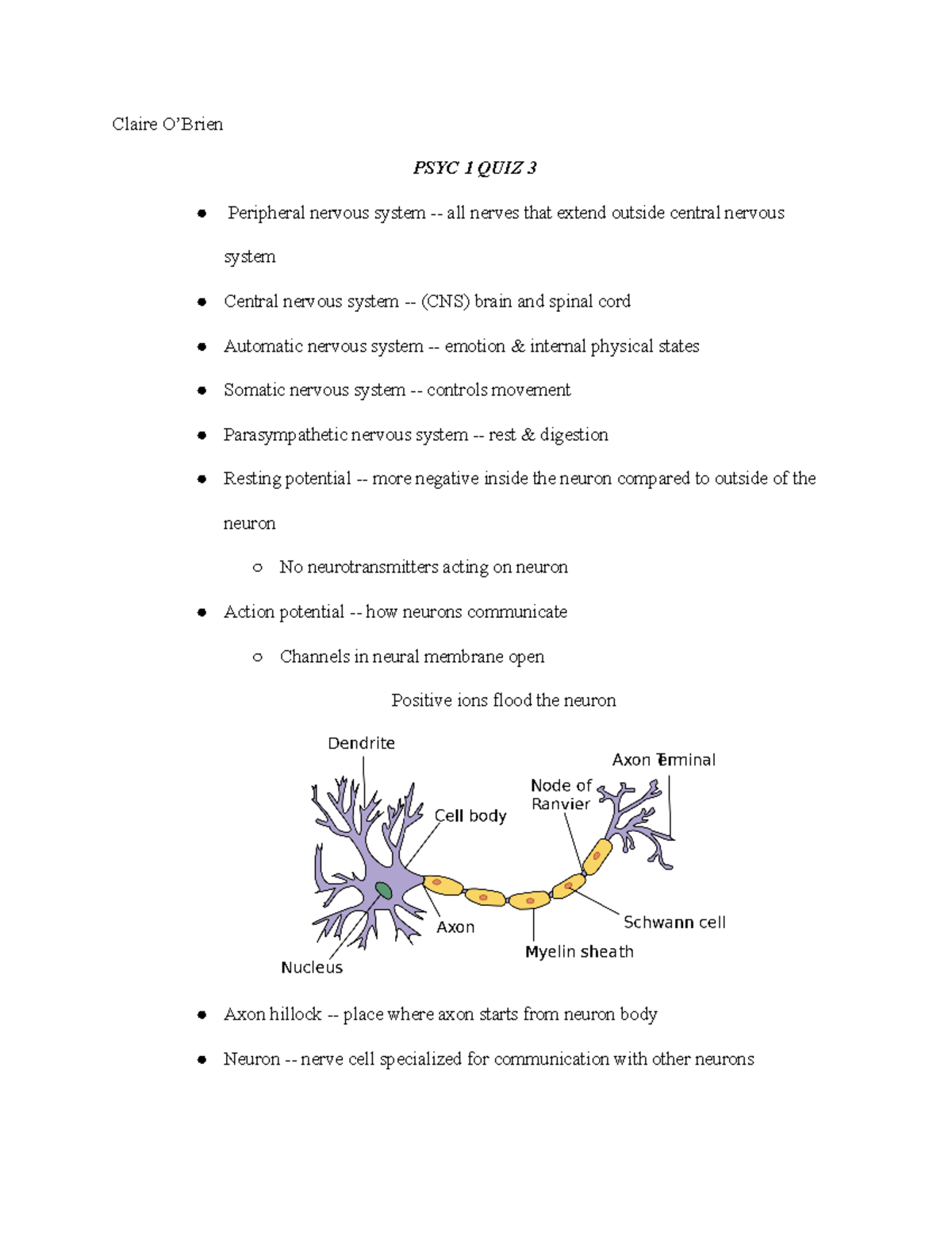 Bio Psychology Chapter Notes - Claire O’Brien PSYC 1 QUIZ 3 Peripheral ...