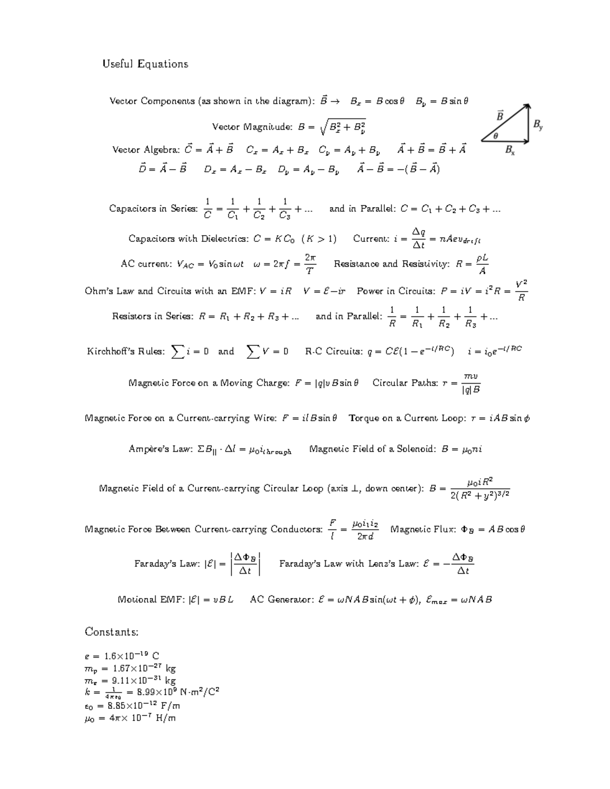 Equation Sheet Exam 2 - Useful Equations Vector Components (as Shown In ...