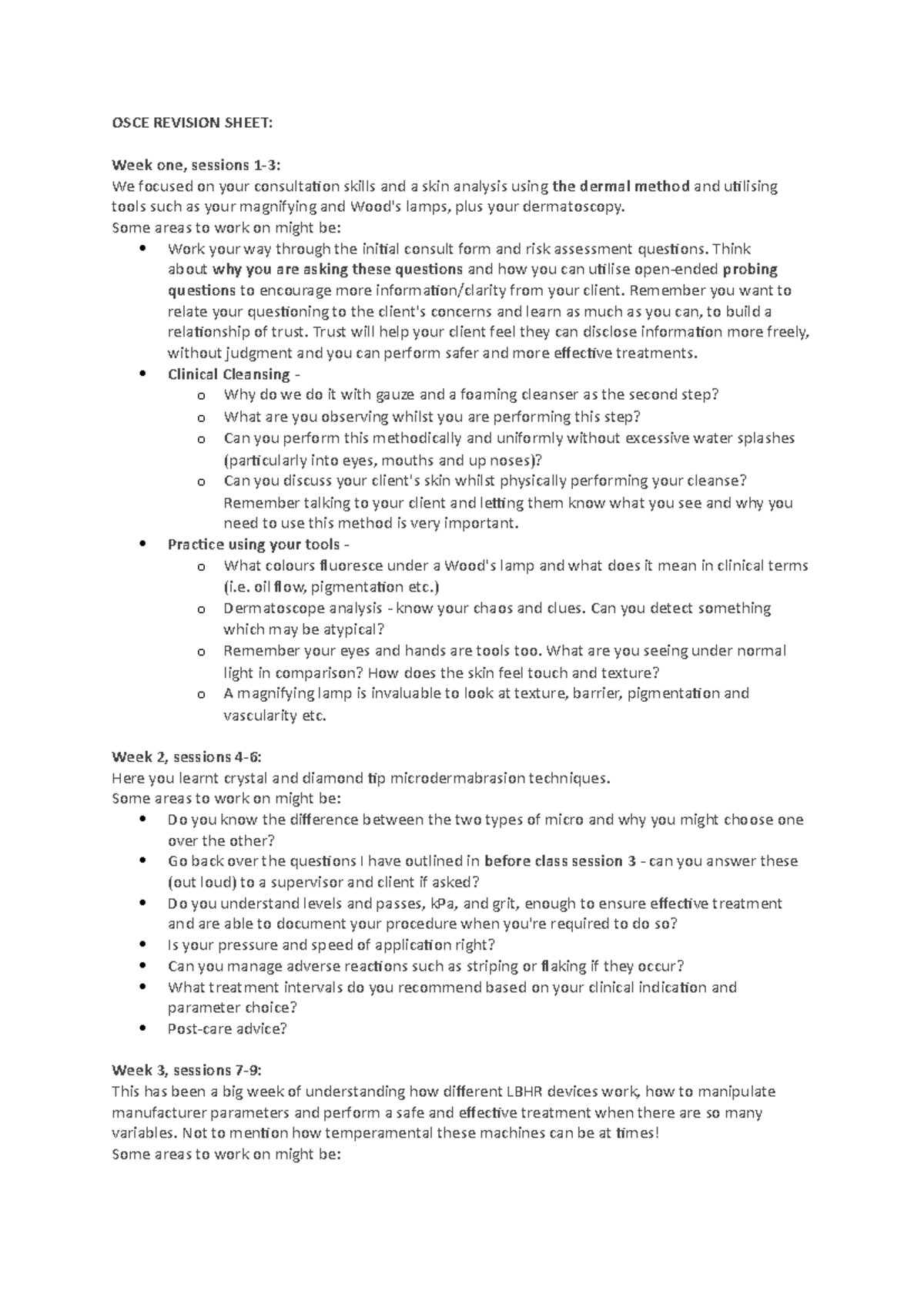 OSCE Revision Sheet - OSCE REVISION SHEET: Week one, sessions 1-3: We ...