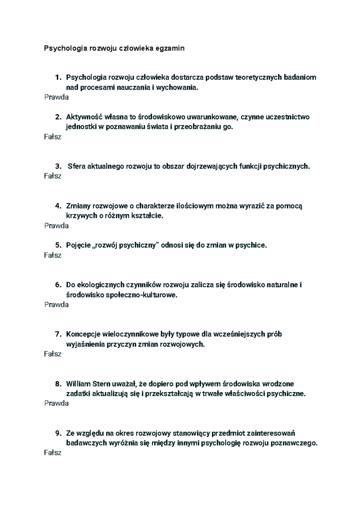 Psychologia rozwoju człowieka egzamin - Psychologia rozwoju człowieka