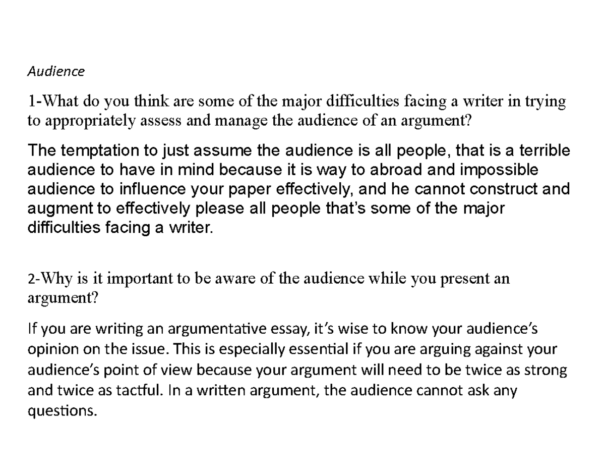 Home work 3 - English composition class essays - Audience 1-What do you