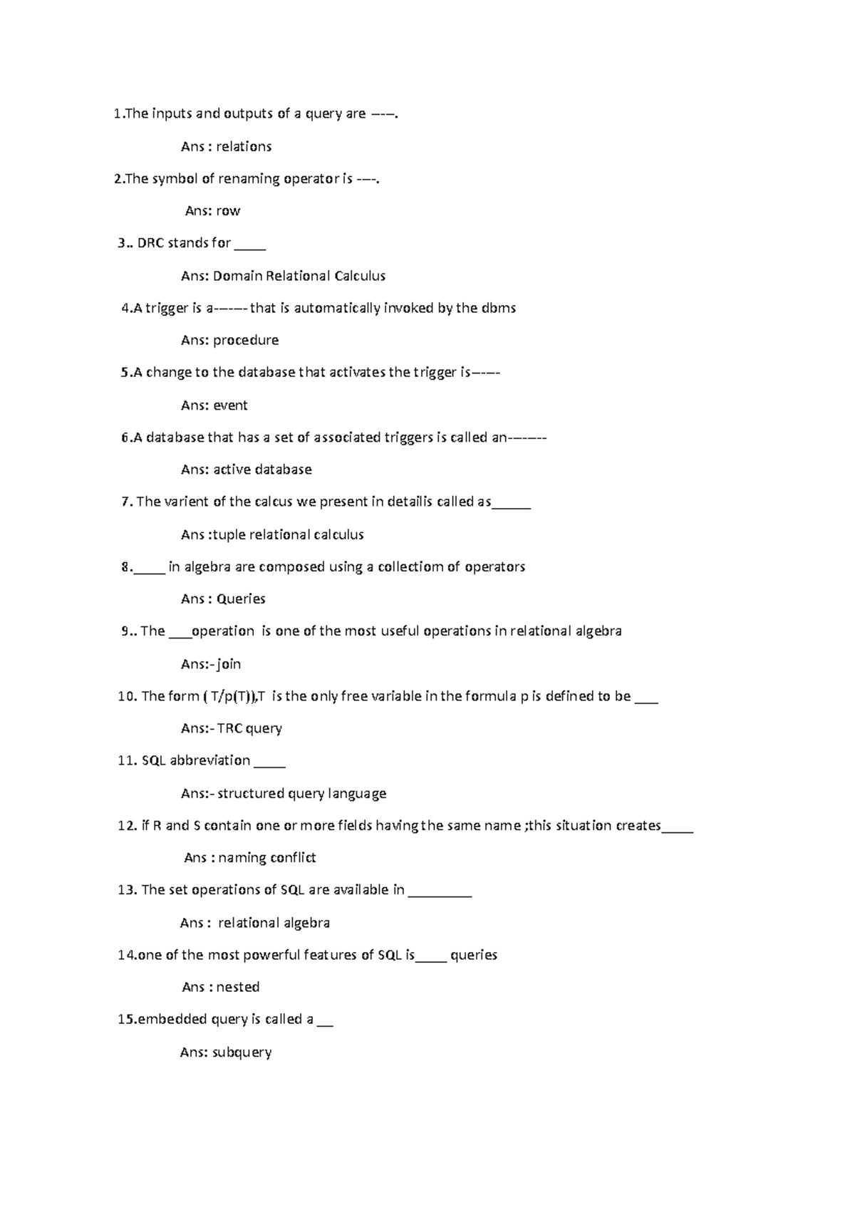 Dbms fill 2nd - Dbms mcqs - 1 inputs and outputs of a query are -. Ans ...