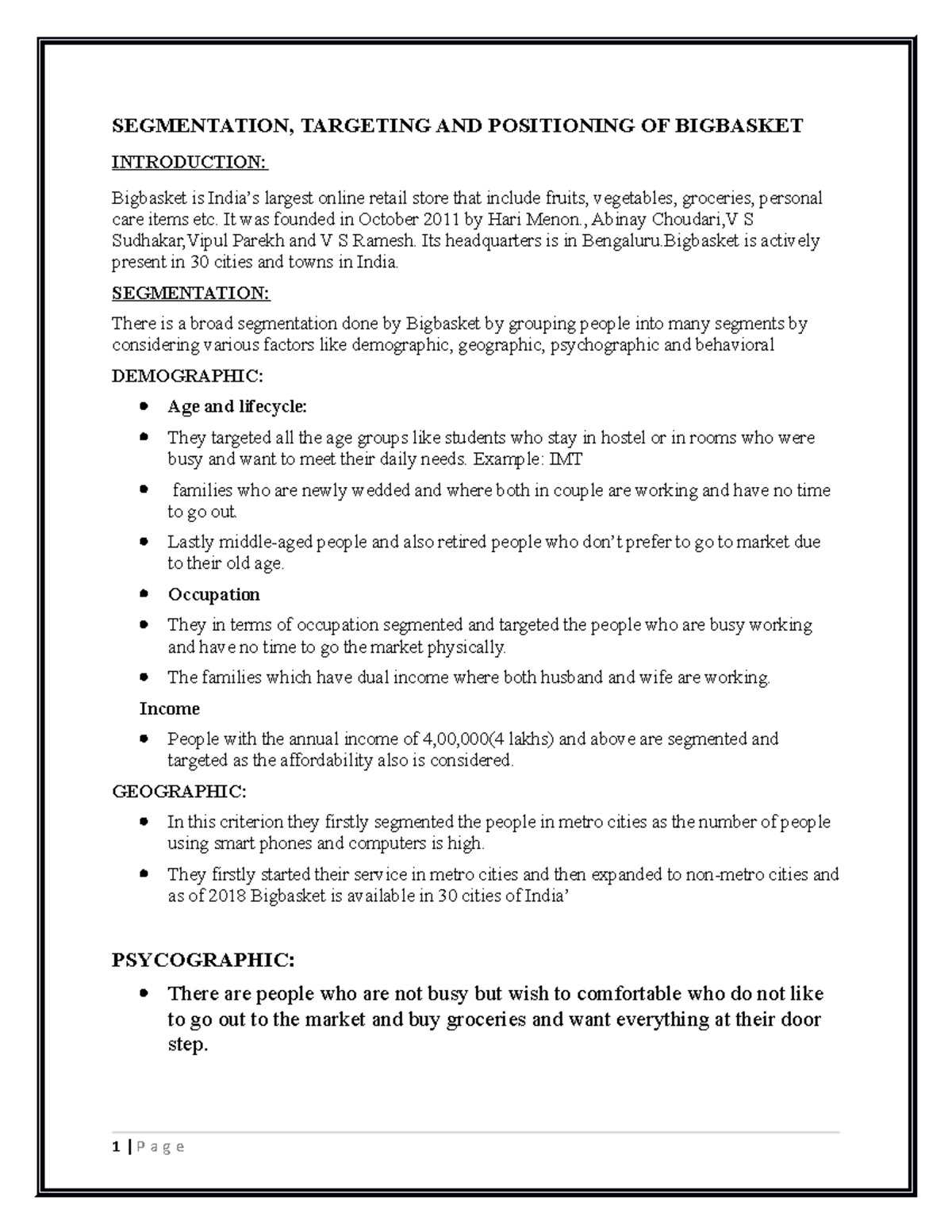 Bigbasket Case study solutions SEGMENTATION, TARGETING AND