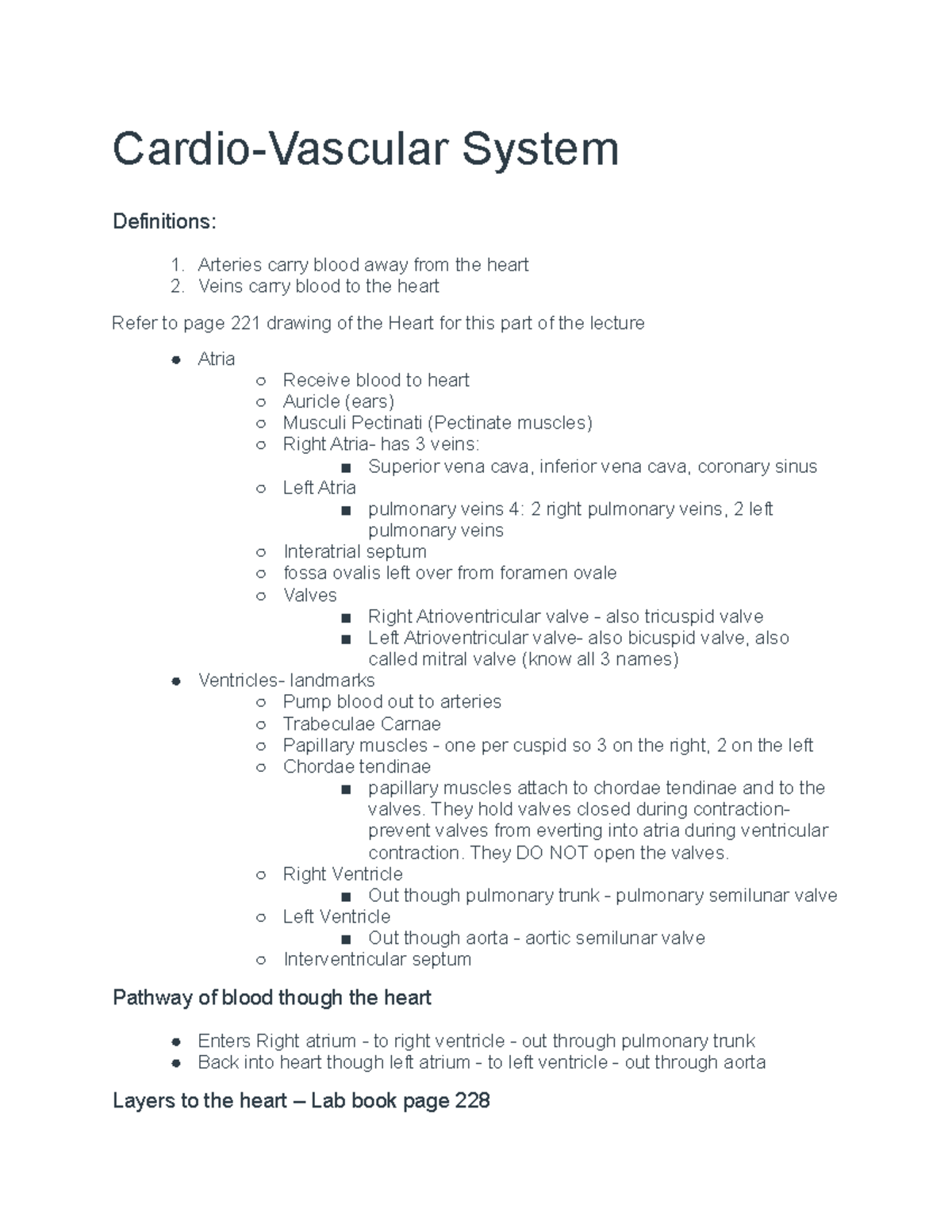 Cardio-Vascular System - Cardio-Vascular System Definitions: Arteries ...