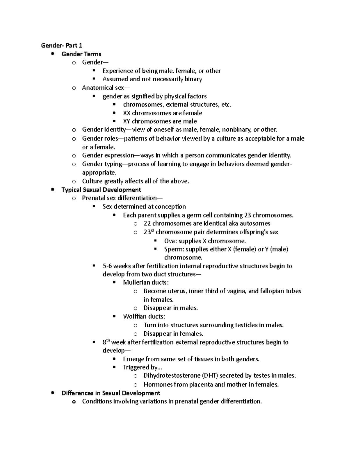 UNL CYAF 471-Gender PART 1 NOTES - Gender- Part 1 Gender Terms o Gender ...