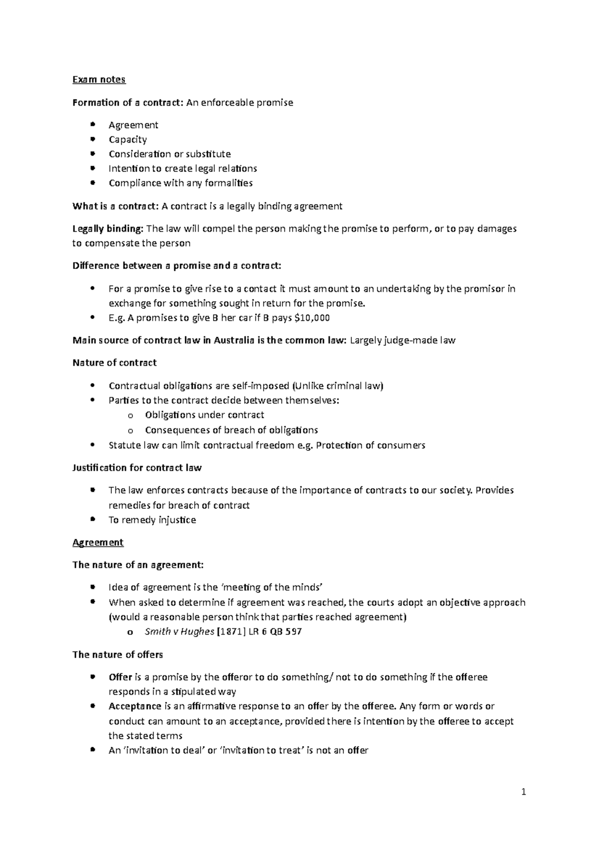 Lecture Notes, Lectures 1-12 - Exam Notes Formation Of A Contract: An ...