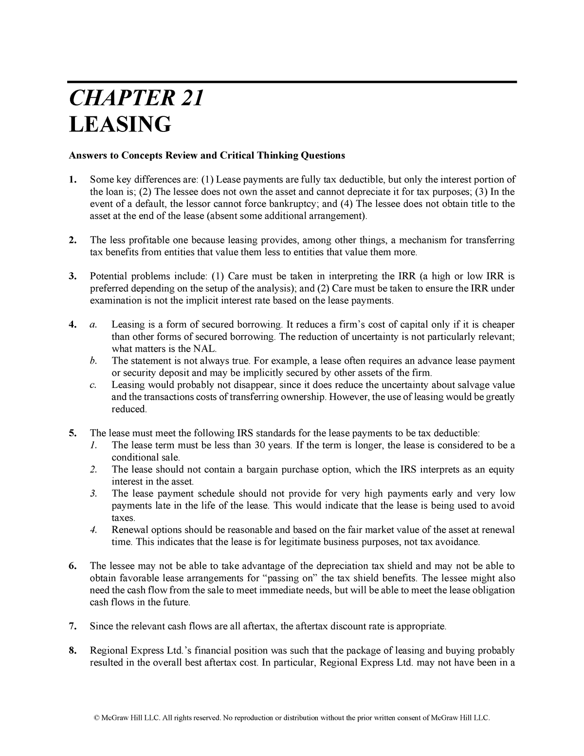 Chapter 21 Solution - CHAPTER 21 LEASING Answers To Concepts Review And ...