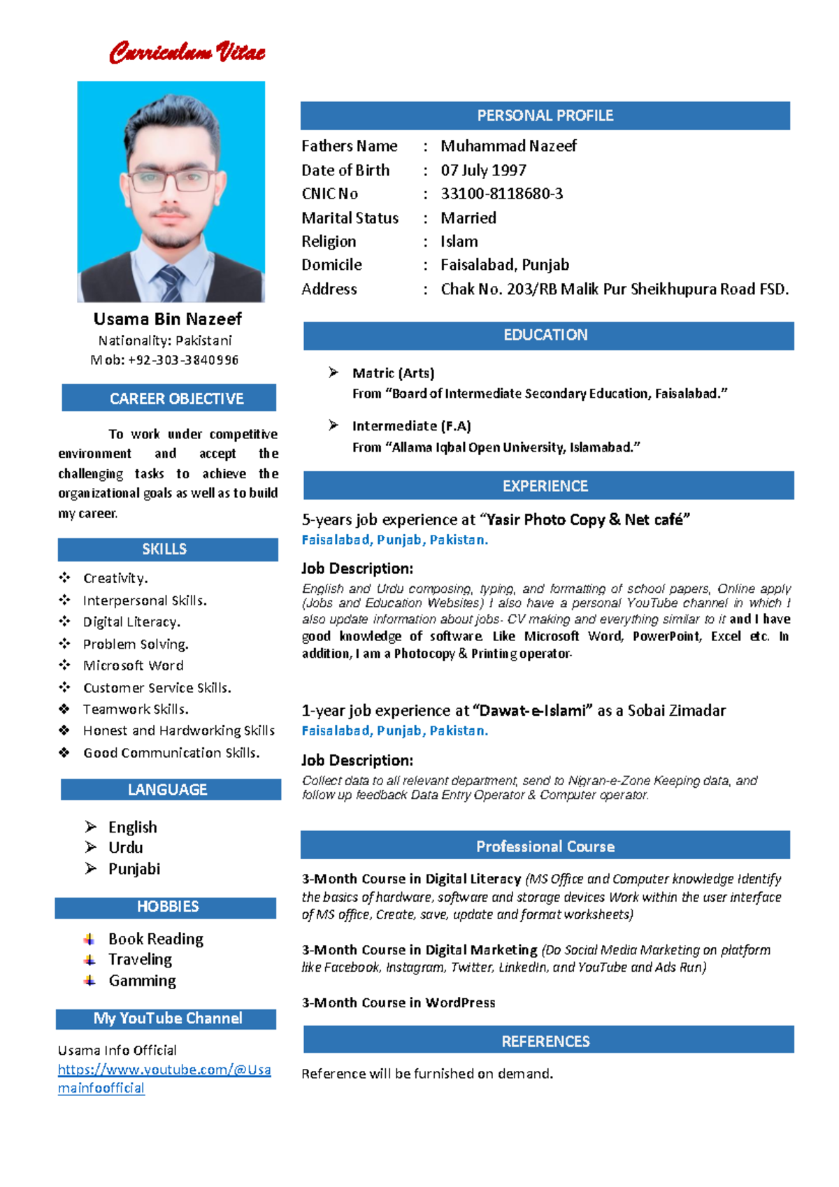 Usama Nazeef - adf adf asfsda - Curriculum Vitae CAREER OBJECTIVE Usama ...