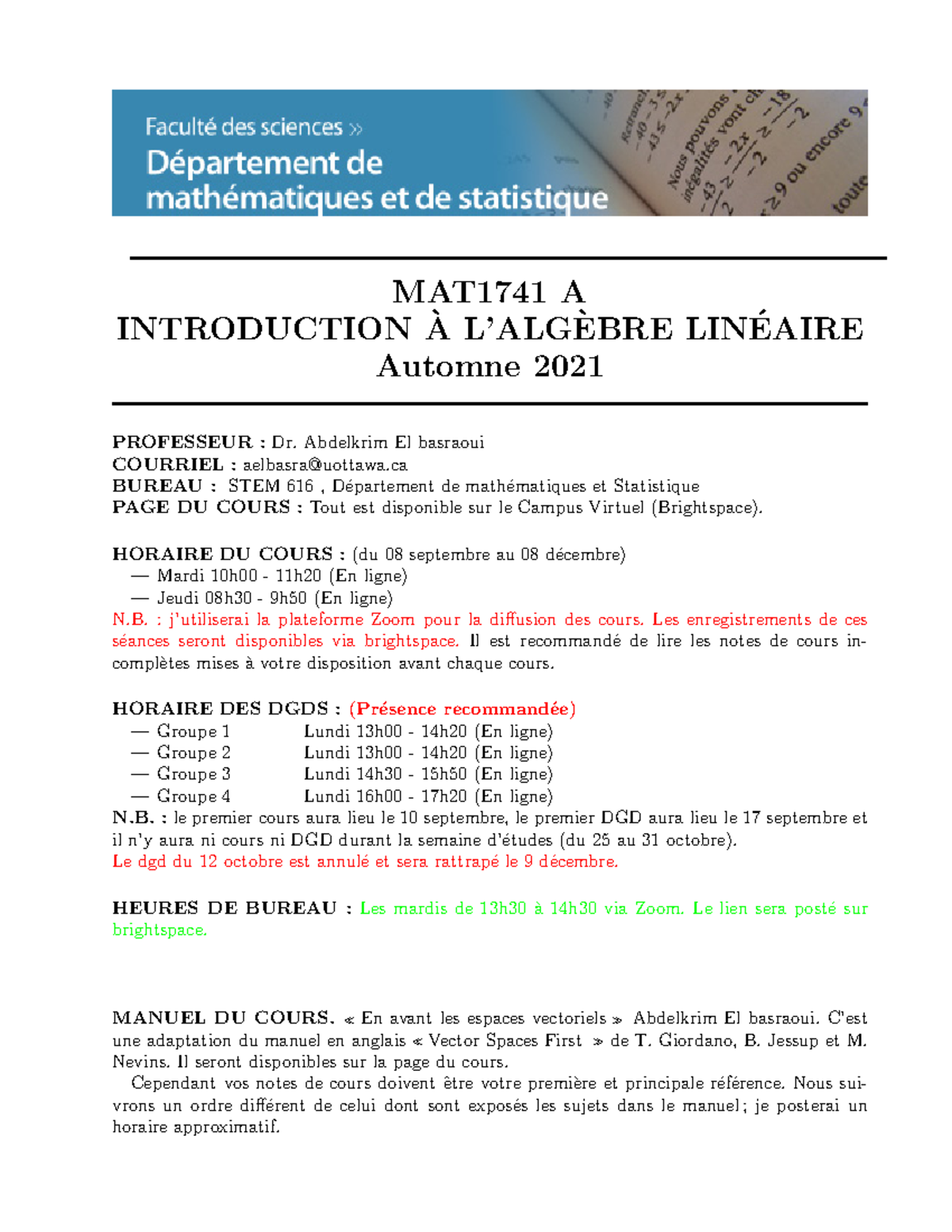 Syllabus MAT1741 - MAT1741 A INTRODUCTION A L’ALG EBRE LIN EAIRE ́ ...