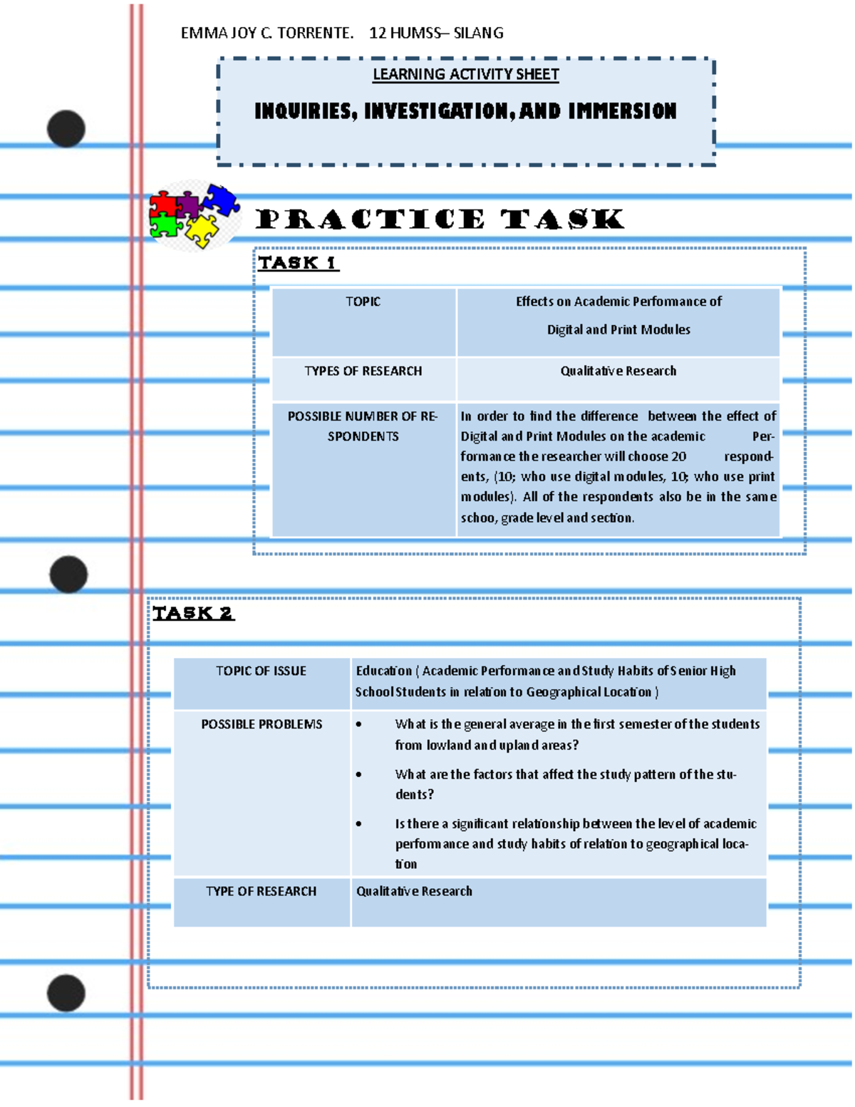 Learning Activity Sheet- Inquiries, Investigation, AND Immersion - EMMA 