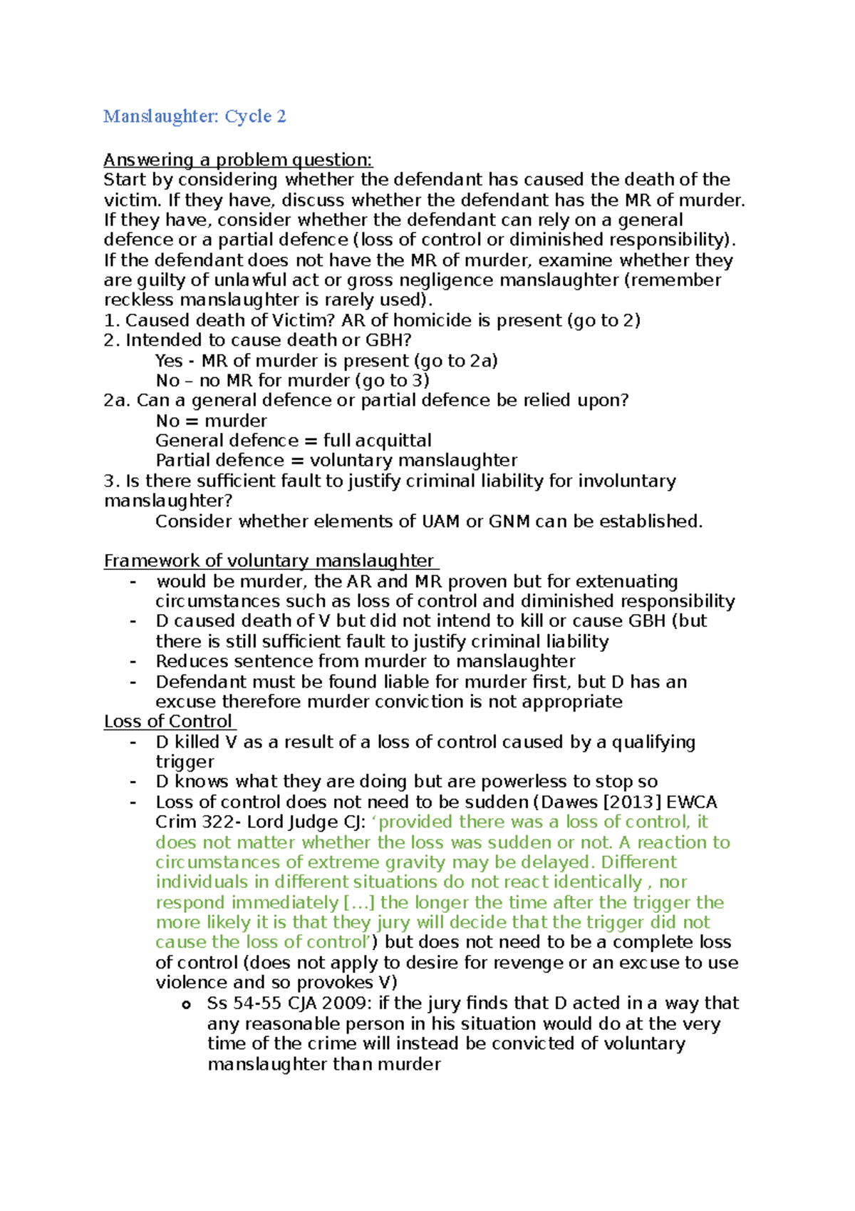Criminal Law- cycle 2 - notes - Manslaughter: Cycle 2 Answering a ...