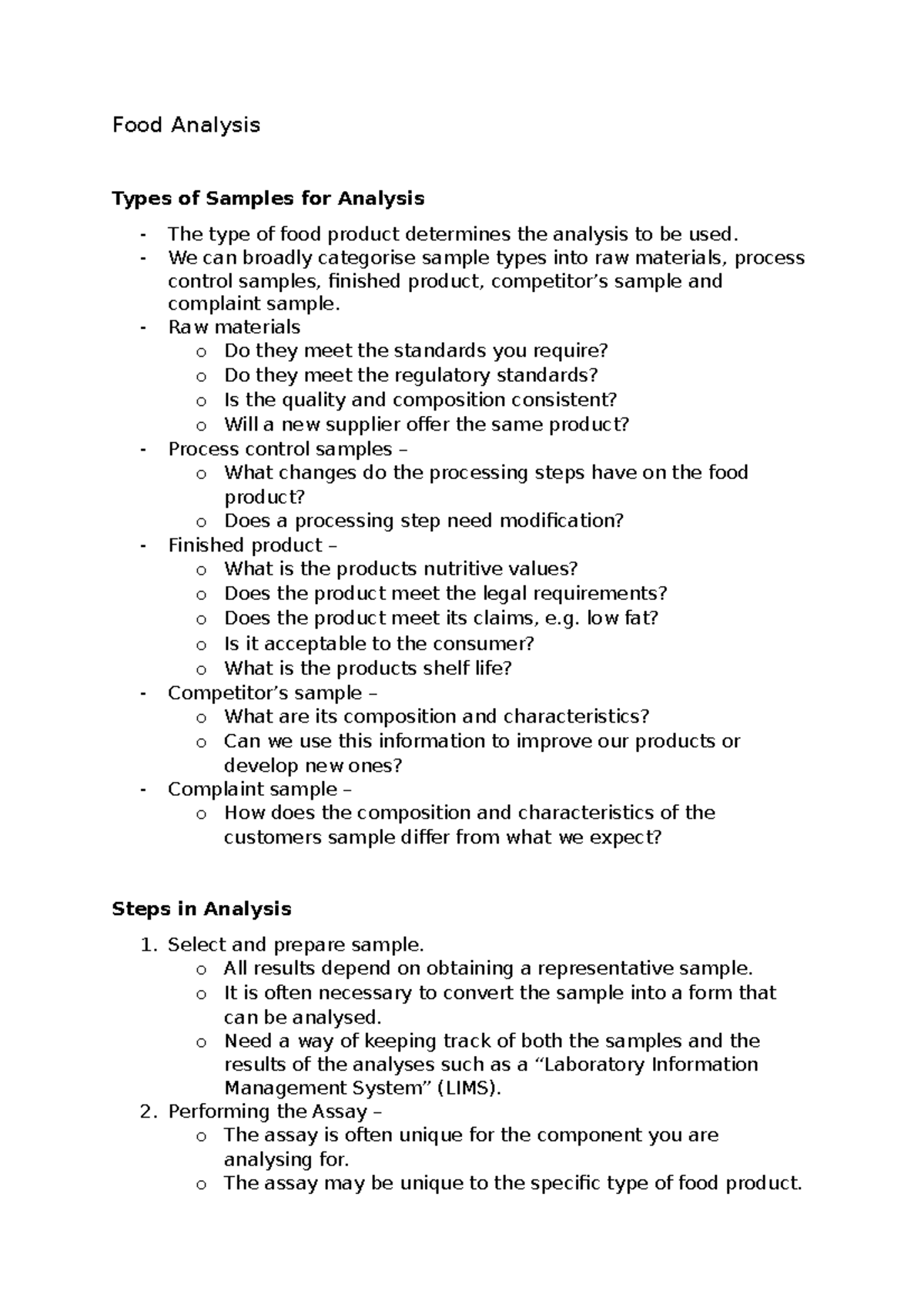 Food Analysis Food Analysis Types of Samples for Analysis The type of