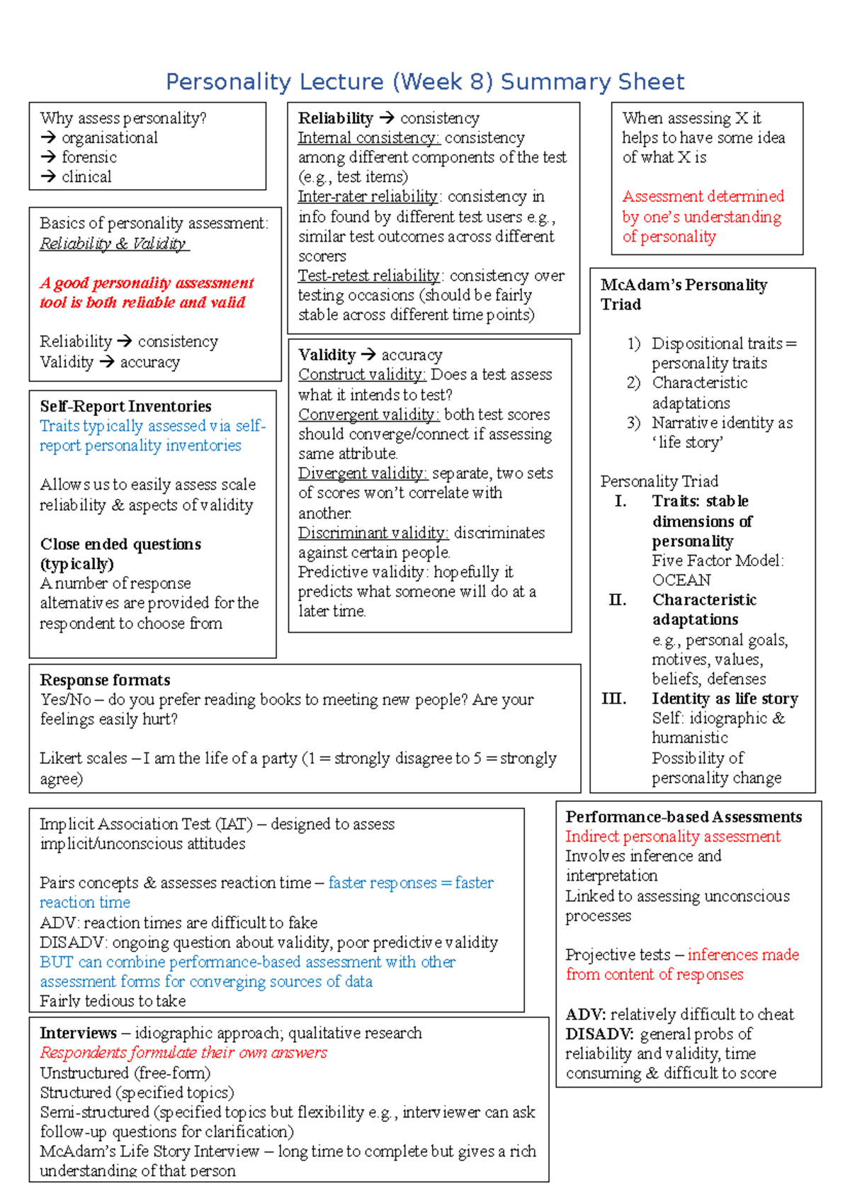Personality Lecture Summary Sheet FOR week 8 - Personality Lecture ...