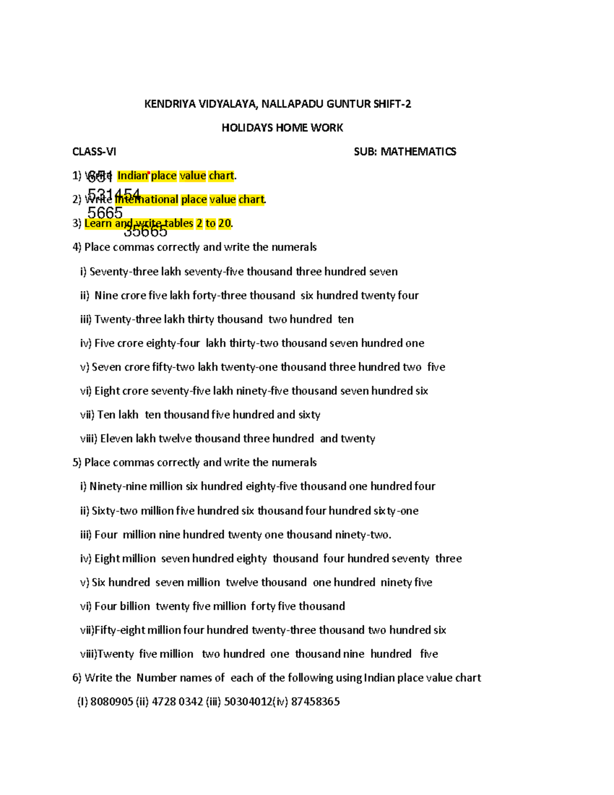 Maths KENDRIYA VIDYALAYA NALLAPADU GUNTUR SHIFT HOLIDAYS HOME WORK