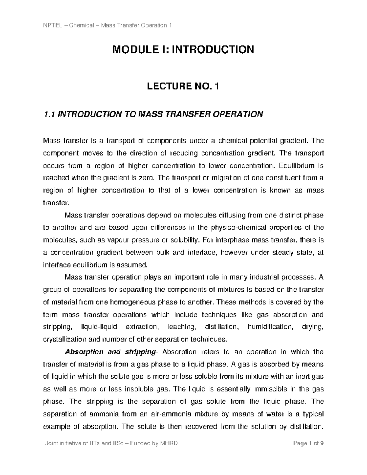 LLecture notes on basics of mass transfer MODULE I INTRODUCTION