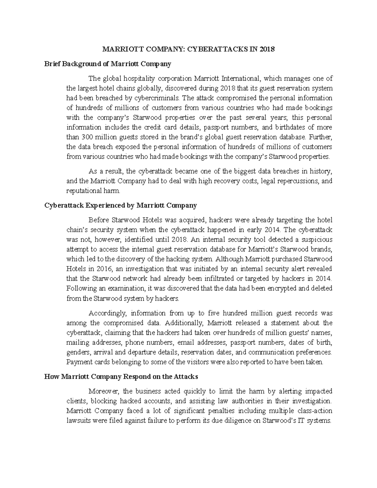 Marriott Company Cyberattack - MARRIOTT COMPANY: CYBERATTACKS IN 2018 ...