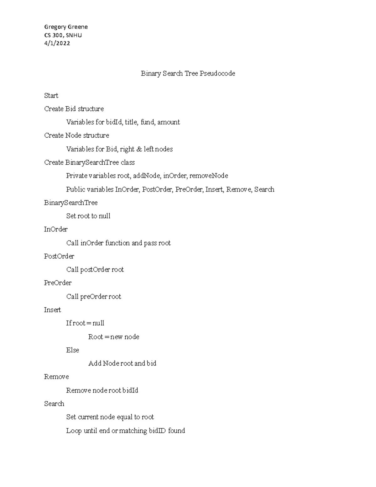 Binary Search Tree Pseudocode - Gregory Greene CS 300, SNHU 4/1/ Binary ...