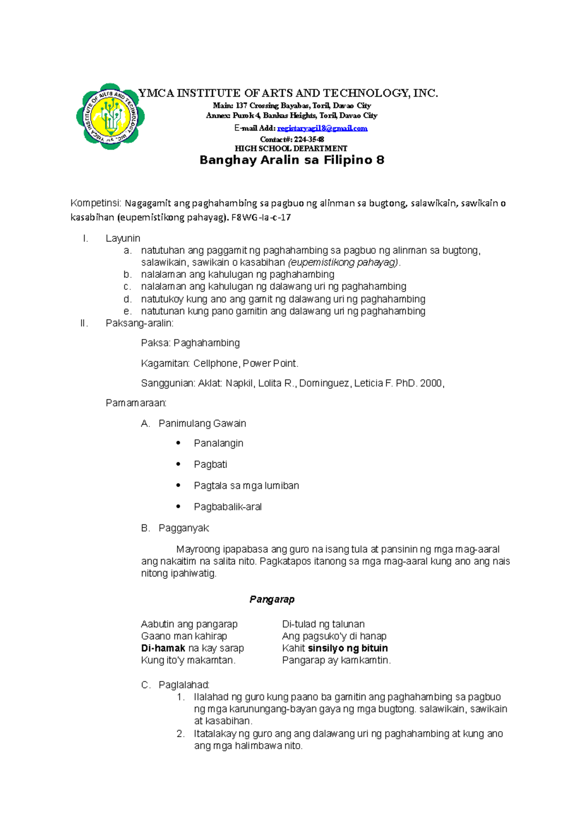 Grade 8 first quarter and fourth lesson - YMCA INSTITUTE OF ARTS AND ...
