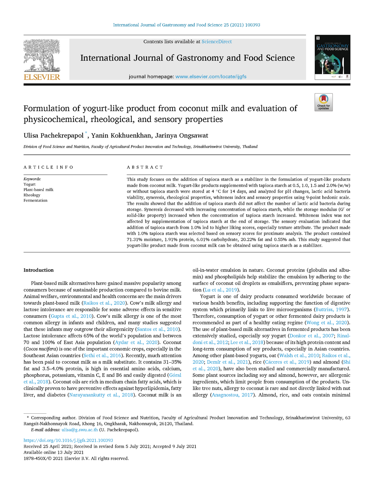 Yogur de coco - Nota: 9 - International Journal of Gastronomy and Food ...