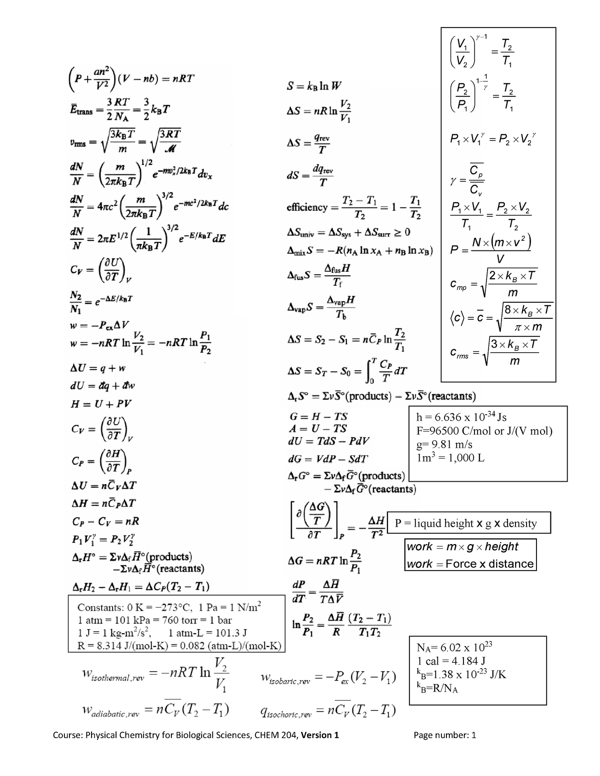 2022 Final Exam Equations Sheet - NA= 6 x 10 23 1 cal = 4 J k B=1 x 10 ...