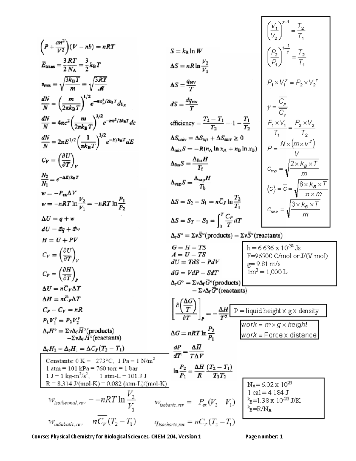 2022 Final Exam Equations Sheet - NA= 6 x 10 23 1 cal = 4 J k B=1 x 10 ...