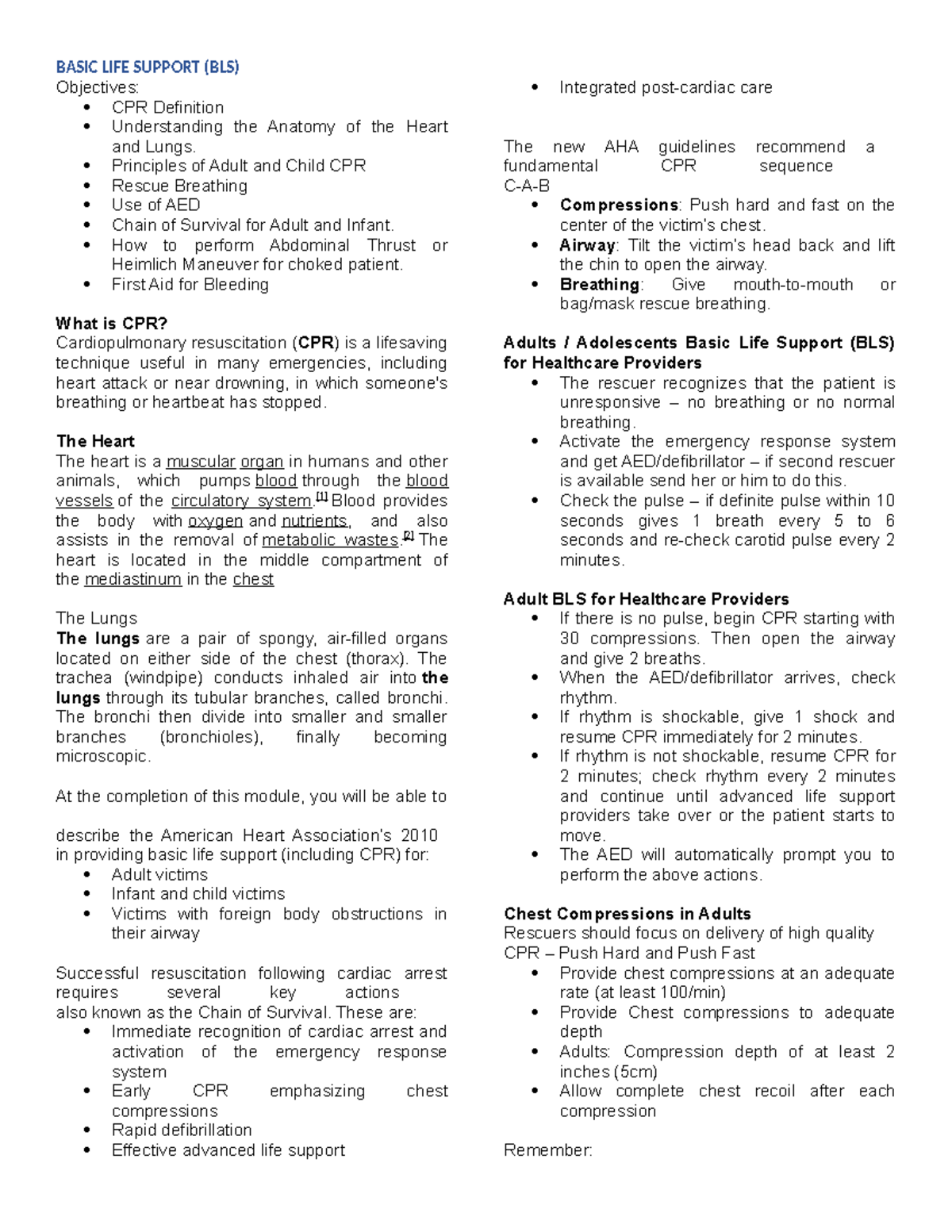 BLS - Nursing - Objectives: CPR Definition Understanding the Anatomy of ...