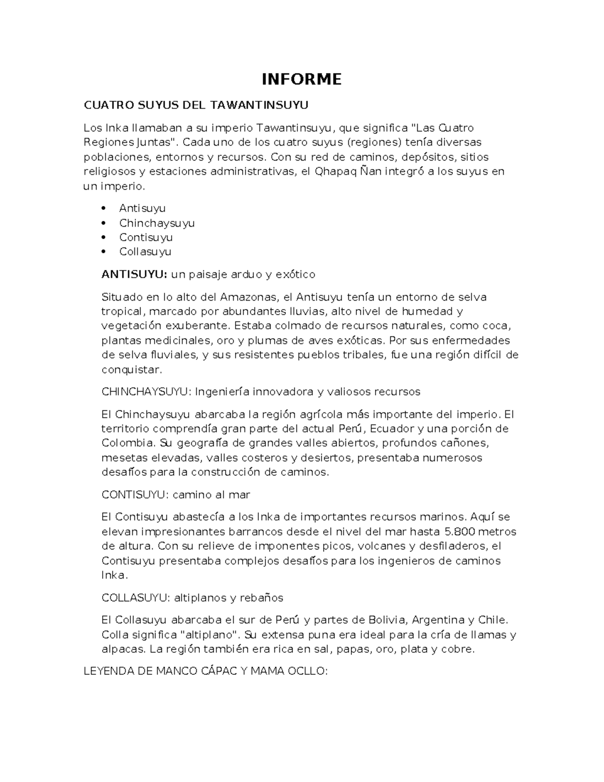 Informe Tawantinsuyu - INFORME CUATRO SUYUS DEL TAWANTINSUYU Los Inka ...