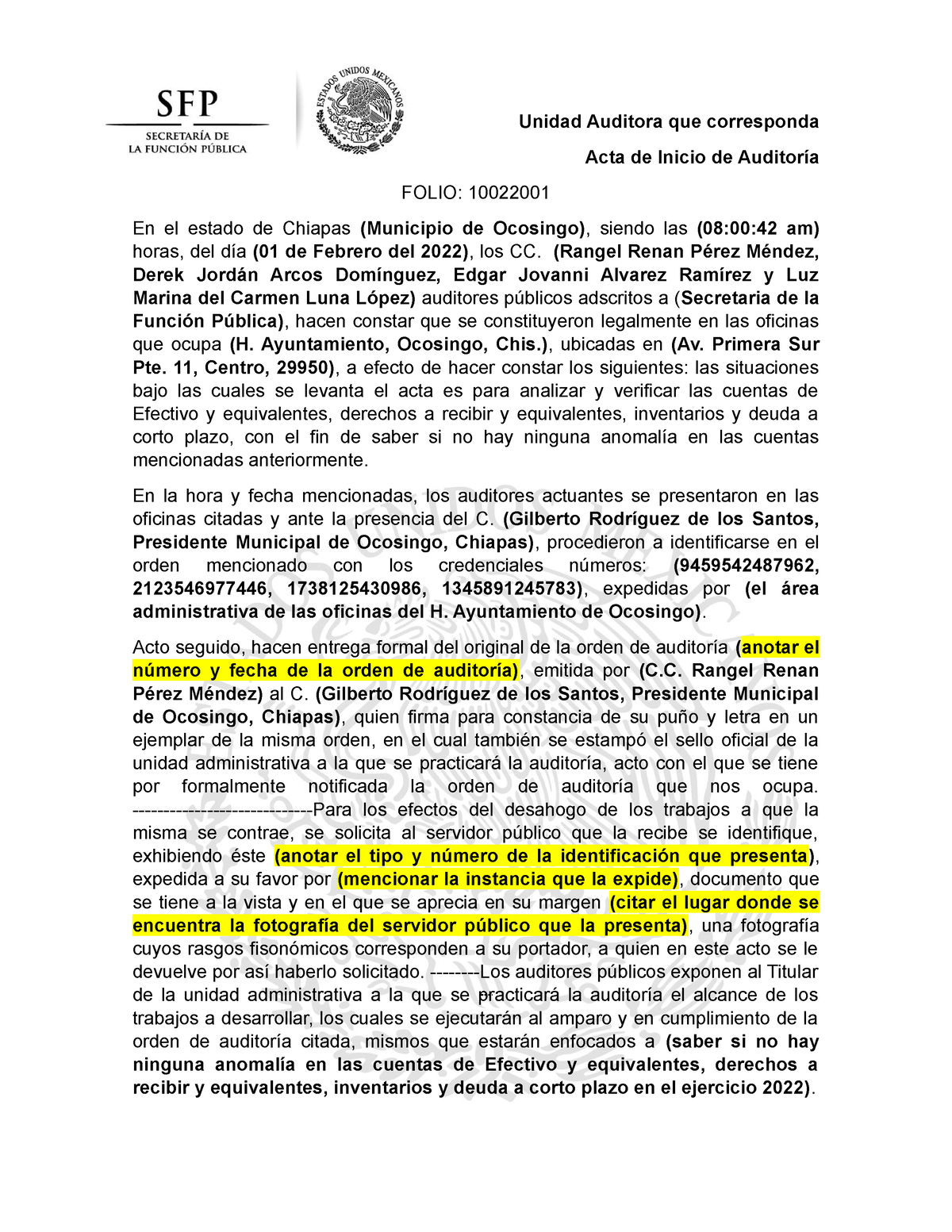 Acta De Inicio De Auditoría Unidad Auditora Que Corresponda Acta De