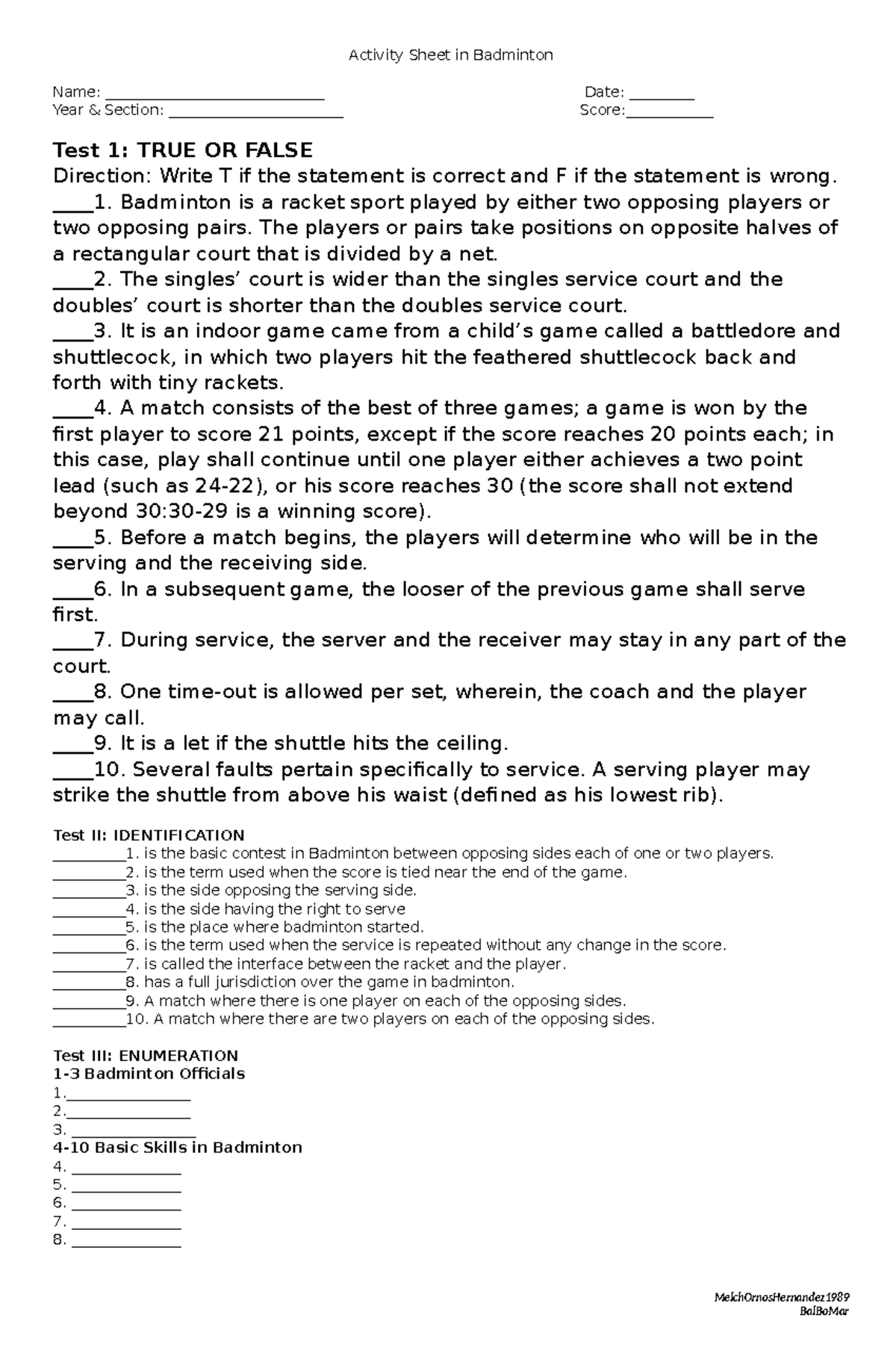 Activity Sheet in labeling Badminton - Activity Sheet in Badminton Name ...