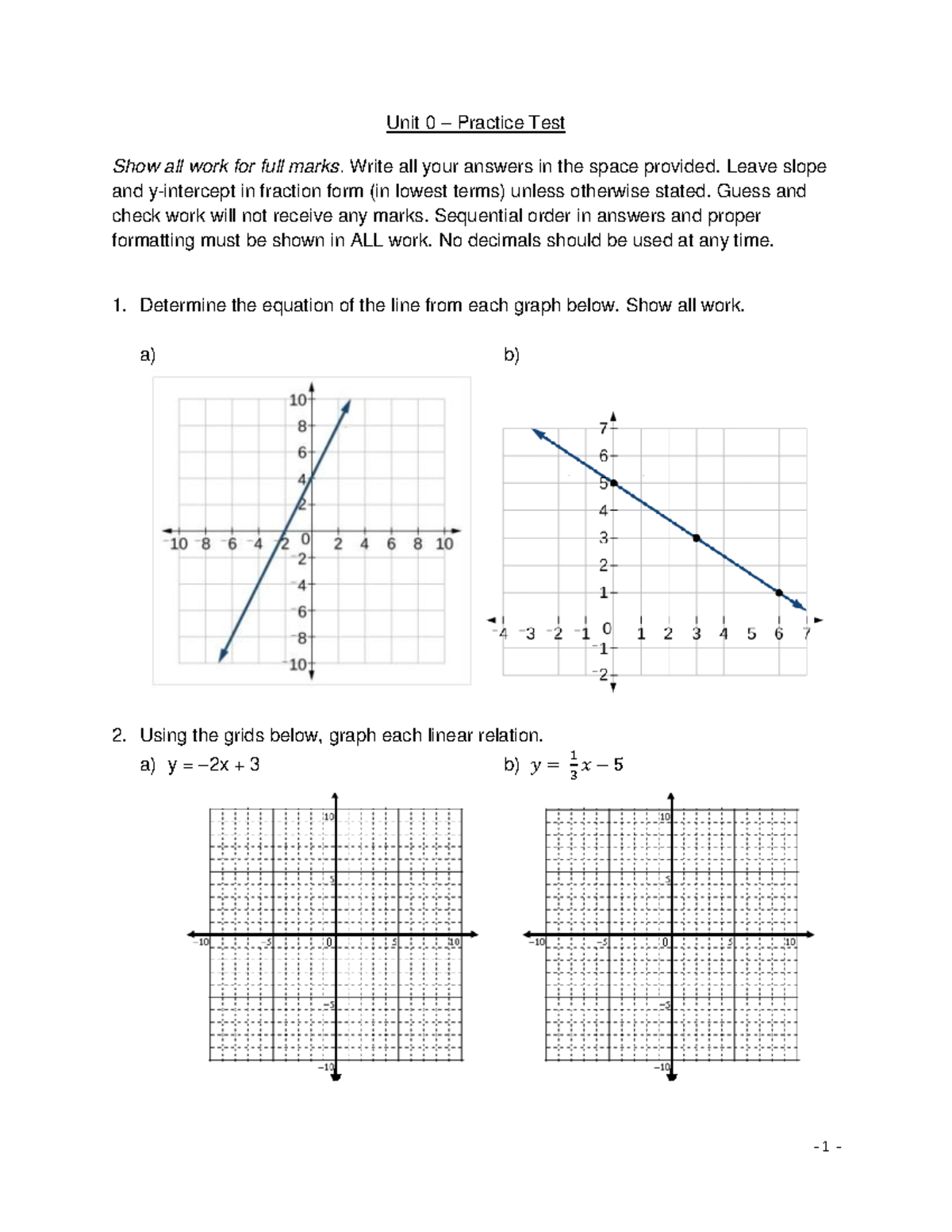 0 - Practice Test - pratice it - Unit 0 – Practice Test Show all work ...