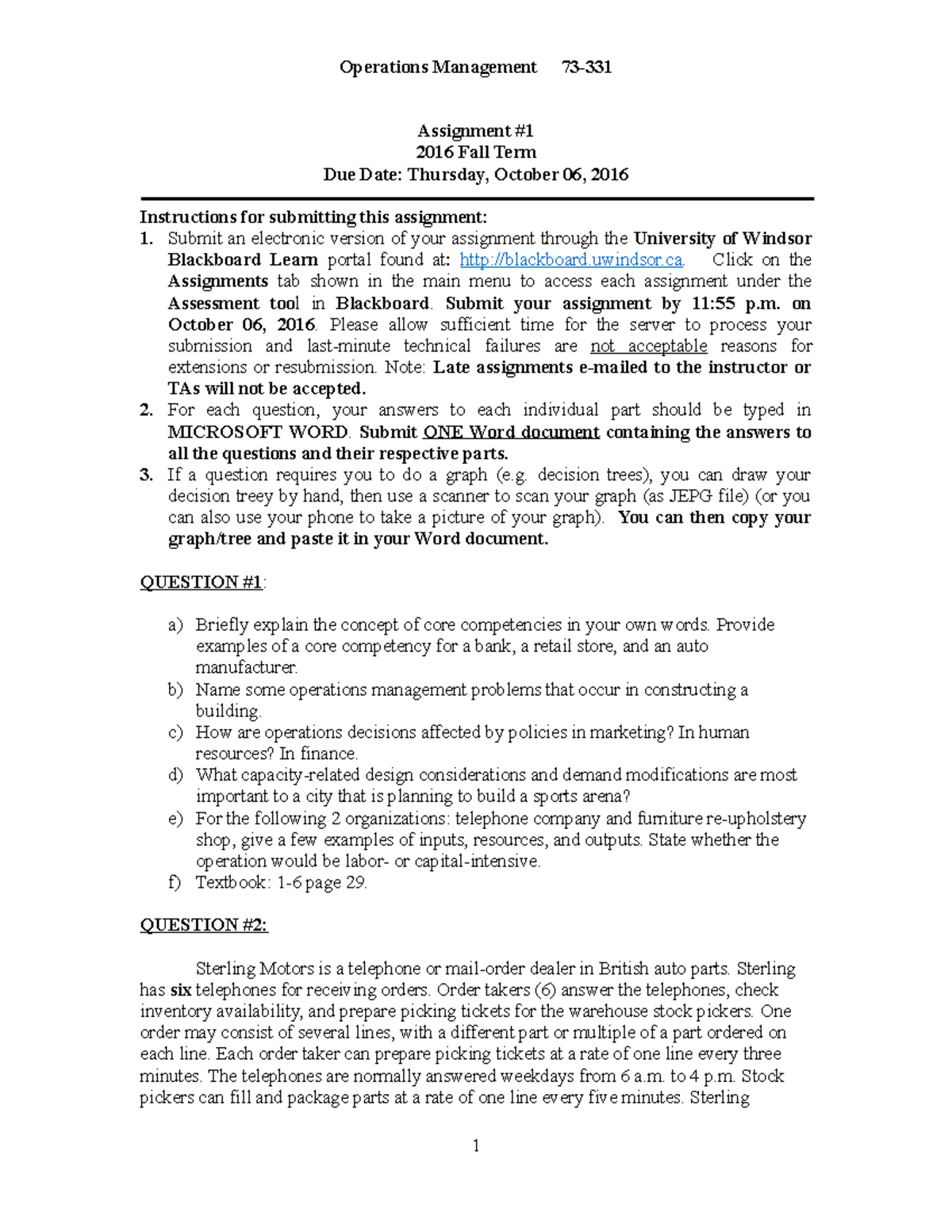 Assignment 1 - Operations Management 73-331 Assignment #1 2016 Fall ...